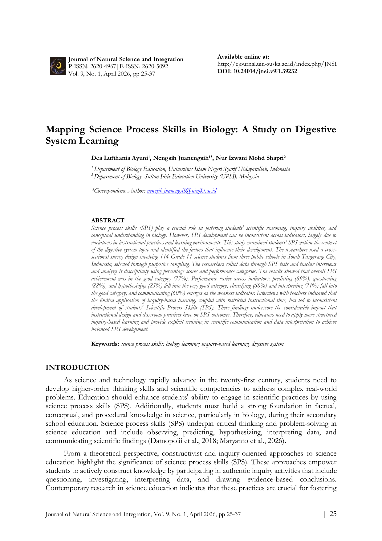 JURIS Mapping Science Process Skills in Biology A Study on Digestive System Learning