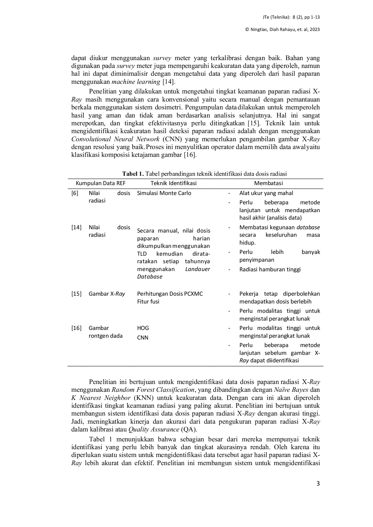JURIS Identifikasi Paparan Radiasi X Ray untuk Keselamatan Radiasi Menggunakan Random Forest Classification