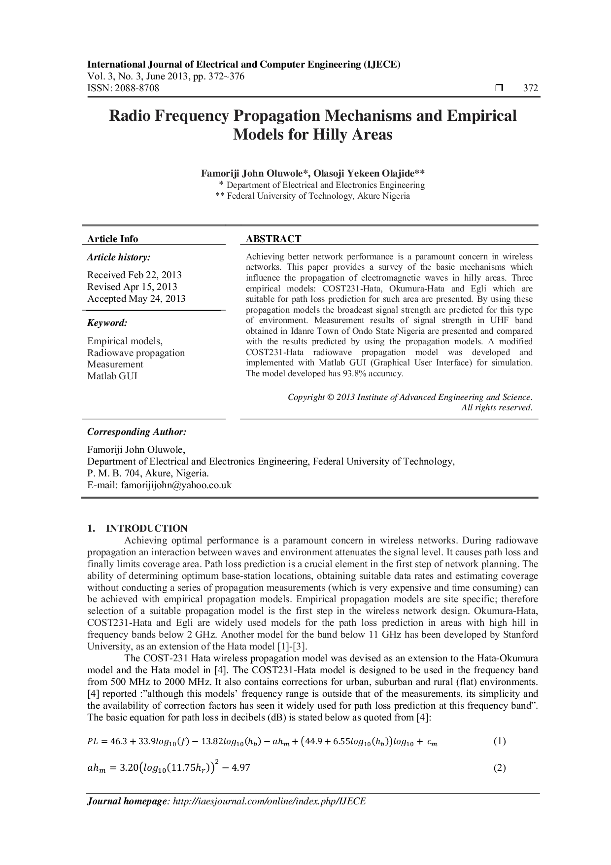 JURIS Radio Frequency Propagation Mechanisms and Empirical Models for Hilly Areas