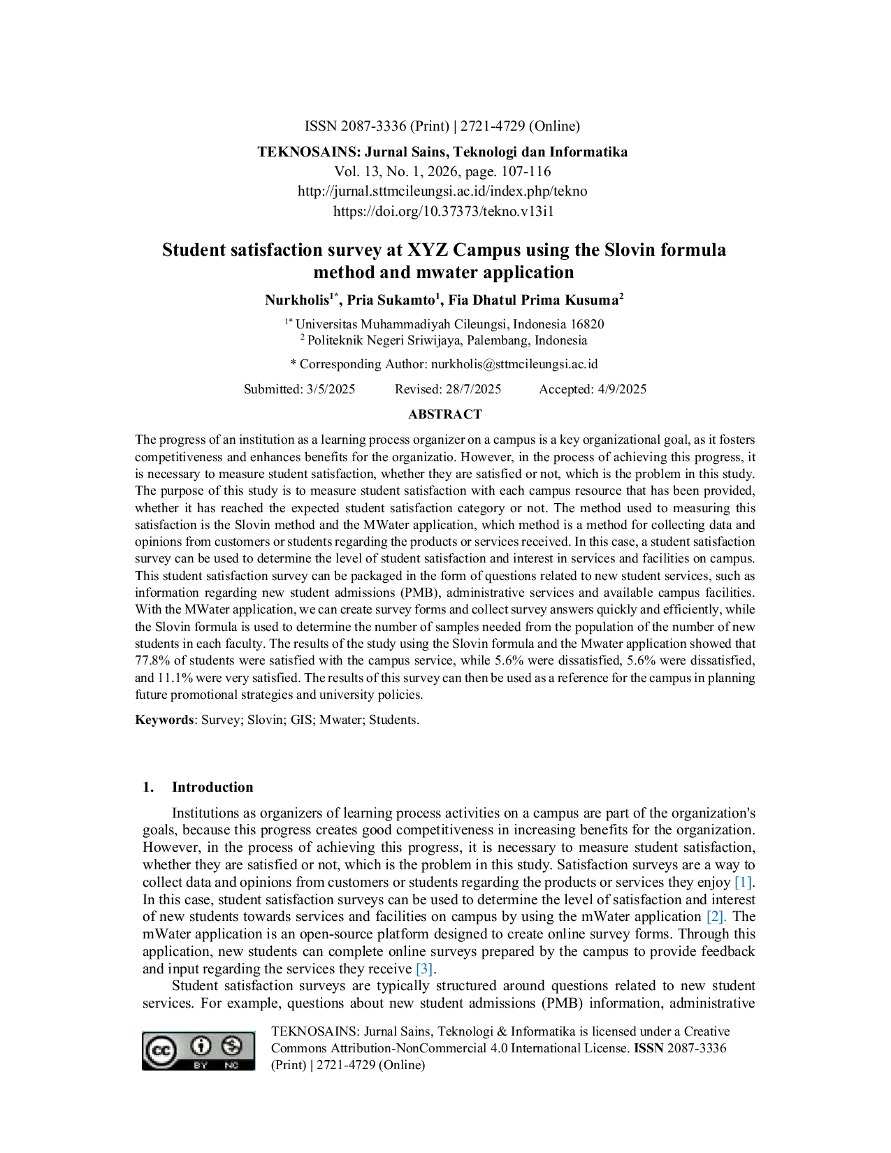 JURIS Student satisfaction survey at XYZ Campus using the Slovin formula method and mwater application