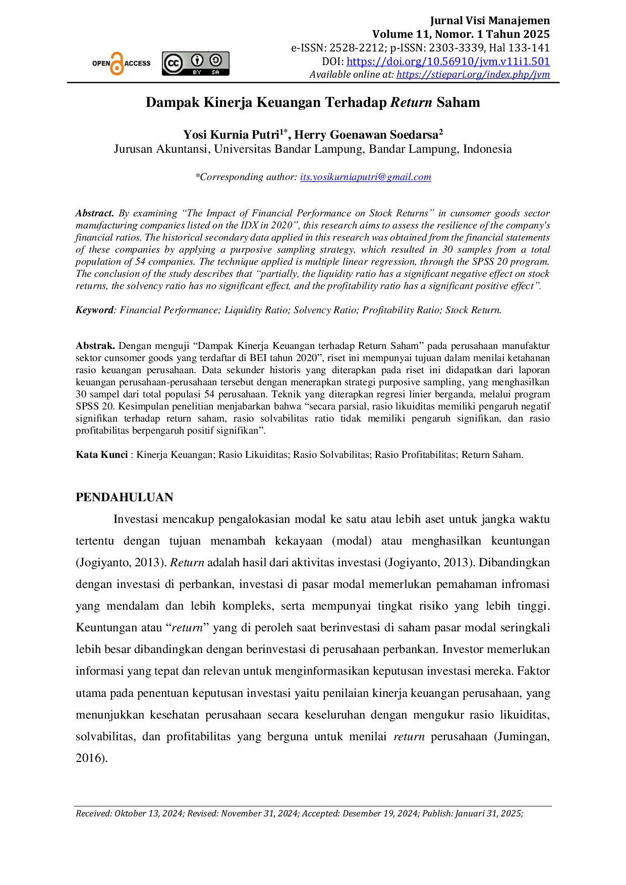JURIS Dampak Kinerja Keuangan Terhadap Return Saham