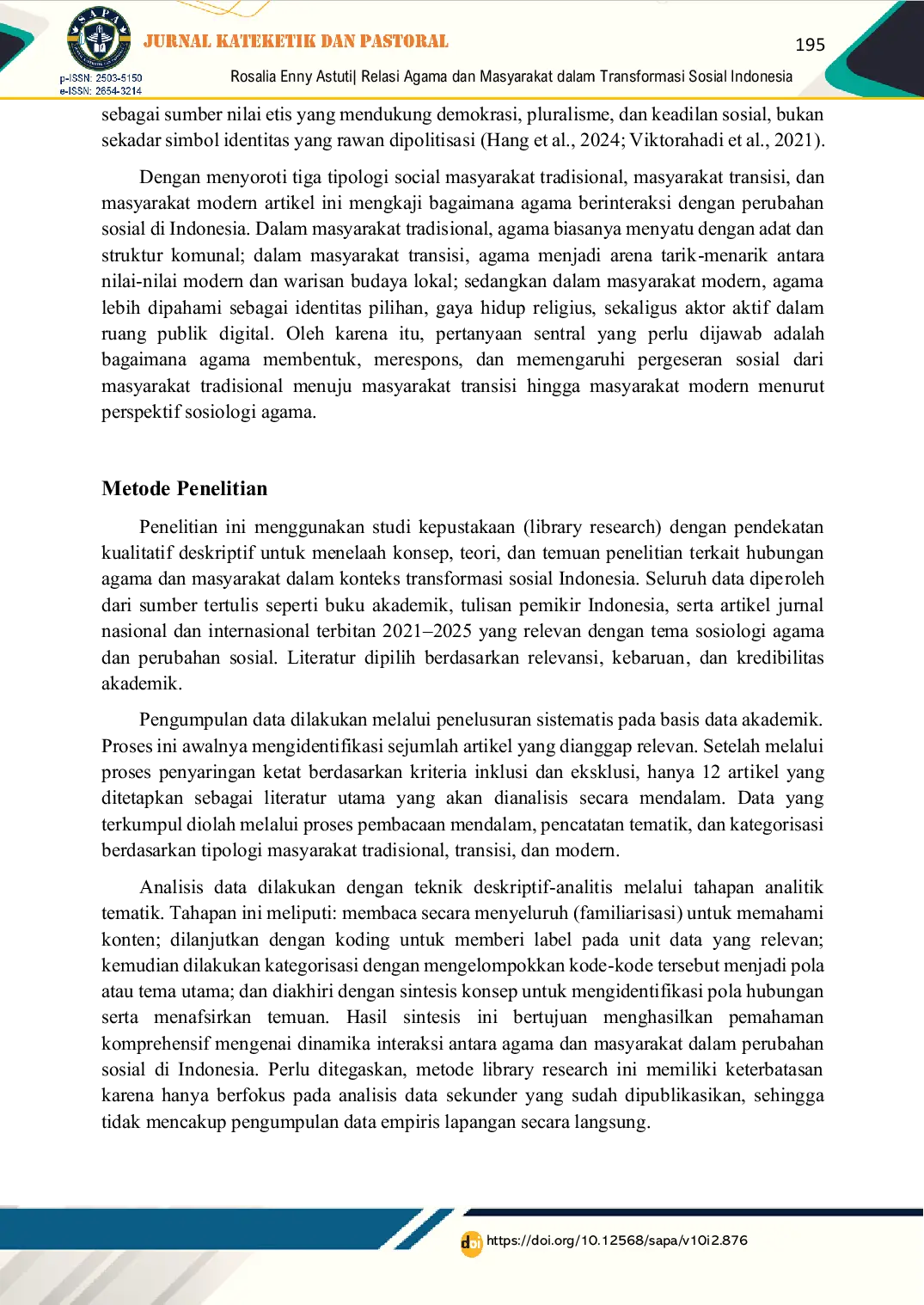 JURIS Relasi Agama dan Masyarakat dalam Transformasi Sosial Indonesia Dari Masyarakat Tradisional Masyarakat Transisi ke Masyarakat Modern konteks Sosiologi Agama