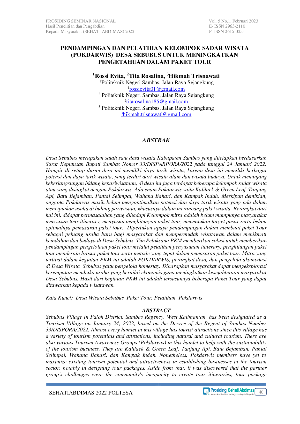JURIS Pendampingan Dan Pelatihan Kelompok Sadar Wisata Pokdarwis Desa Sebubus untuk Meningkatkan Pengetahuan dalam Paket Tour