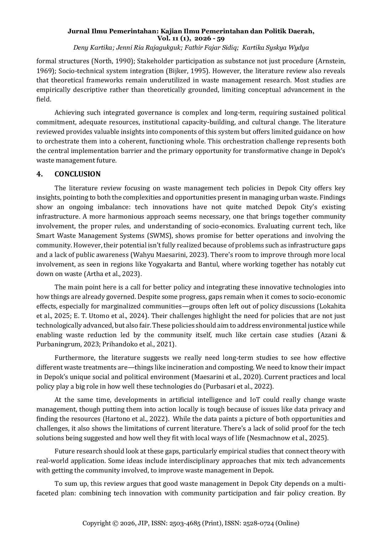 JURIS Evaluation of the Implementation of Urban Waste Management Technology Policy Study Area in Depok City