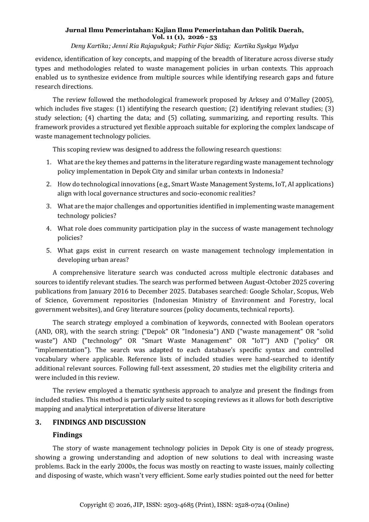 JURIS Evaluation of the Implementation of Urban Waste Management Technology Policy Study Area in Depok City