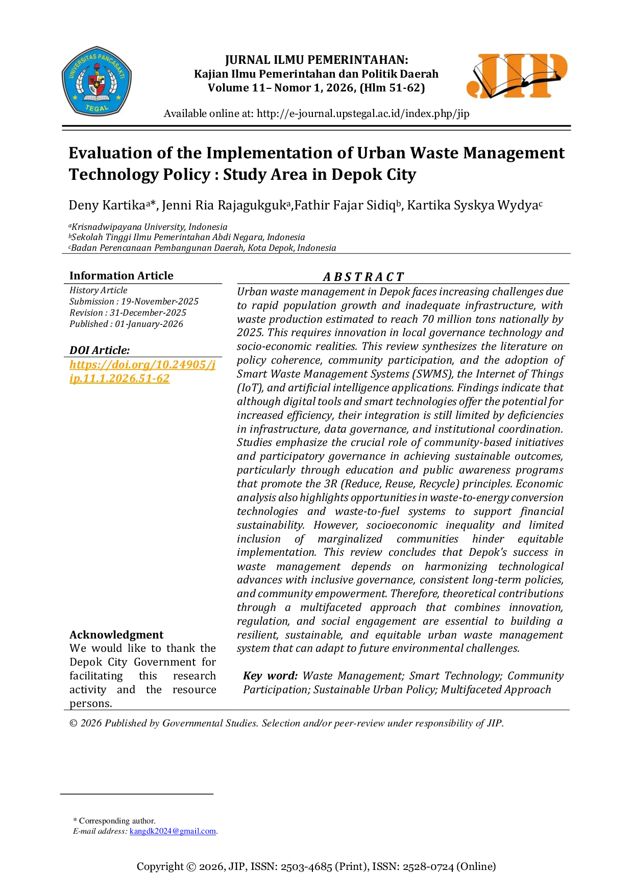 JURIS Evaluation of the Implementation of Urban Waste Management Technology Policy Study Area in Depok City
