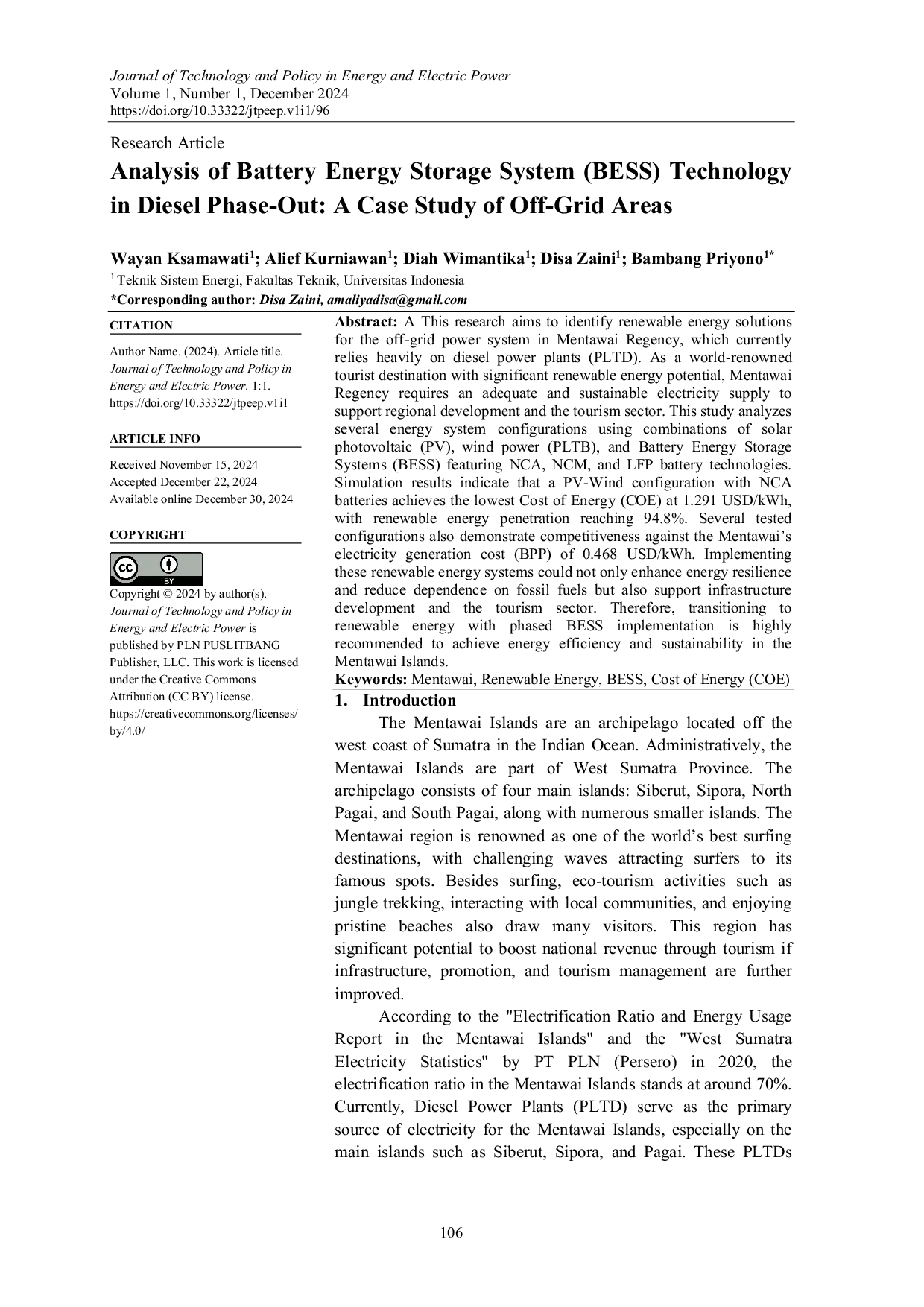 JURIS Analysis of Battery Energy Storage System BESS Technology in Diesel Displacement A Case Study of Off Grid Areas