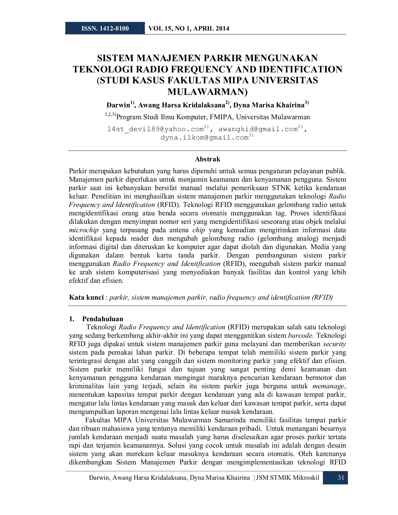 JURIS Sistem Manajemen Parkir Mengunakan Teknologi Radio Frequency and Identification Studi Kasus Fakultas MIPA Universitas Mulawarman