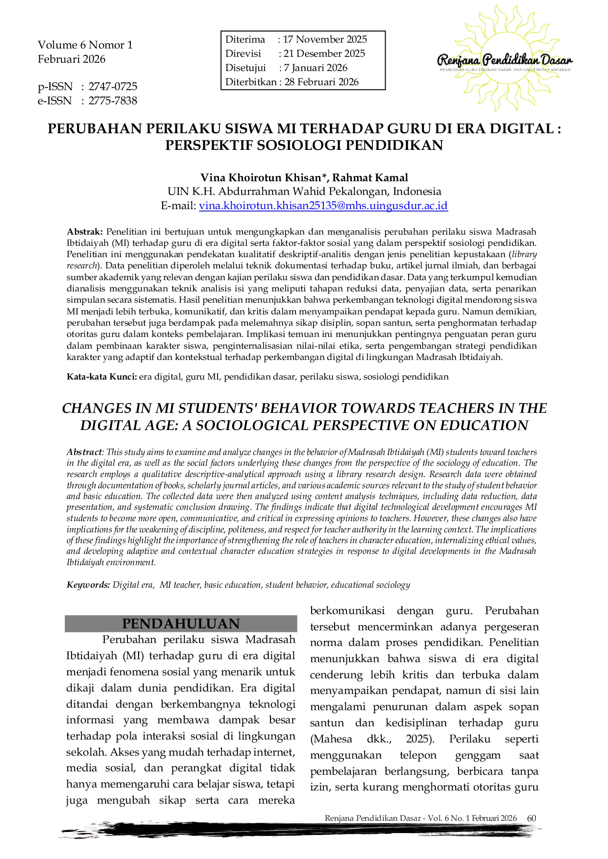 JURIS Perubahan Perilaku Siswa MI Terhadap Guru di Era Digital Perspektif Sosiologi Pendidikan