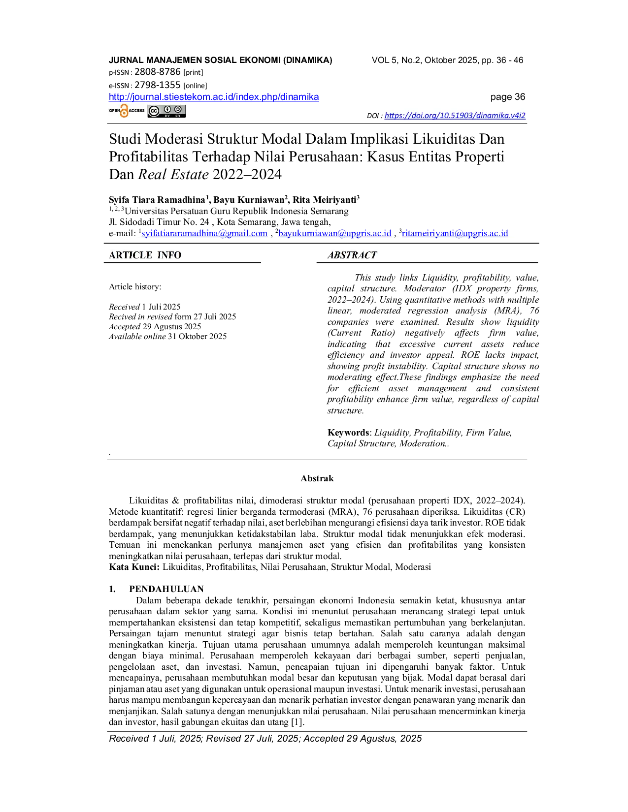 JURIS Studi Moderasi Struktur Modal Dalam Implikasi Likuiditas Dan Profitabilitas Terhadap Nilai Perusahaan Kasus Entitas Properti Dan Real Estate 2022 2024