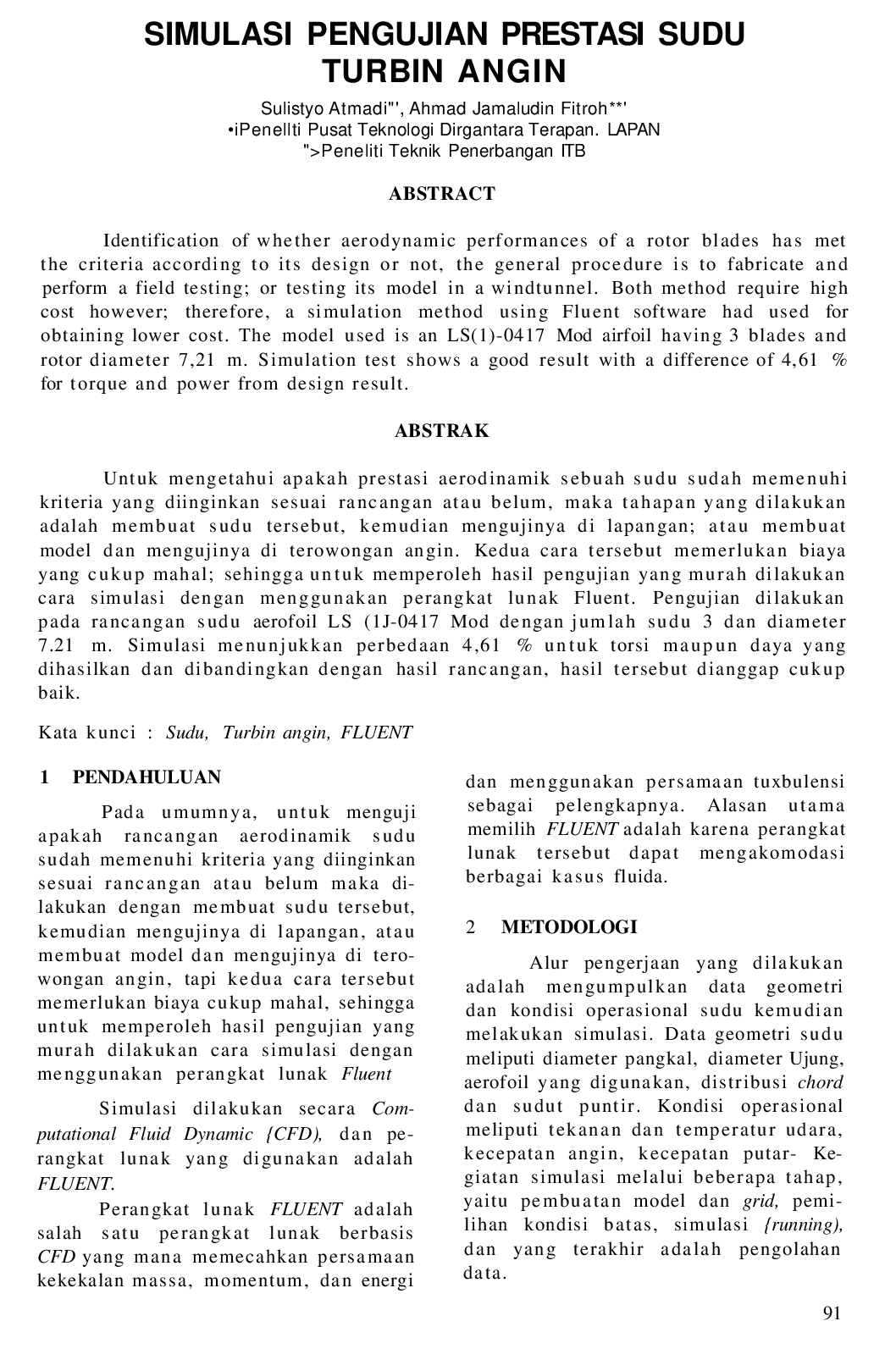 juris Simulasi Pengujian Prestasi Sudu Turbin Angin