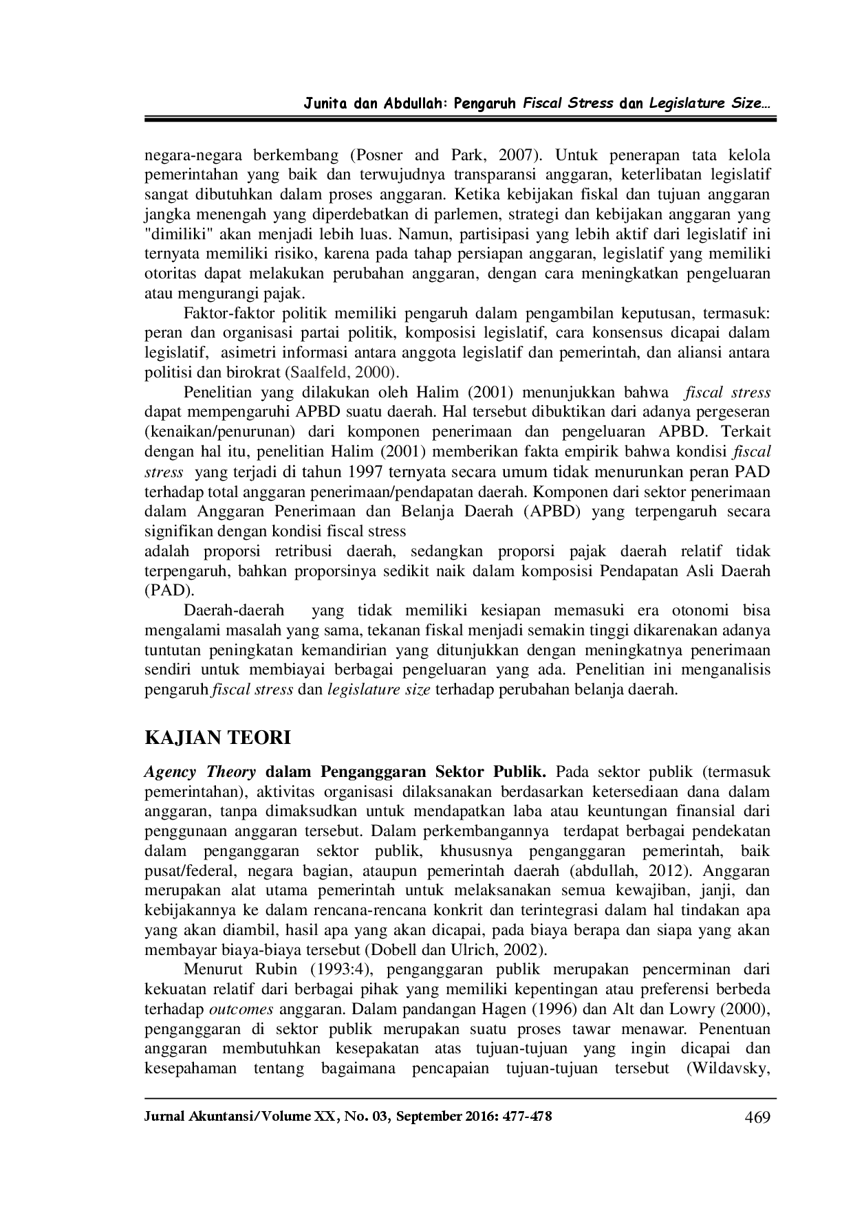 juris Pengaruh Fiscal Stress Dan Legislature Size Terhadap Expenditure Change Pada Kabupaten Kota Di Sumatera Utara