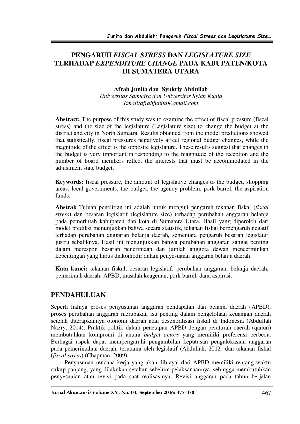 juris Pengaruh Fiscal Stress Dan Legislature Size Terhadap Expenditure Change Pada Kabupaten Kota Di Sumatera Utara