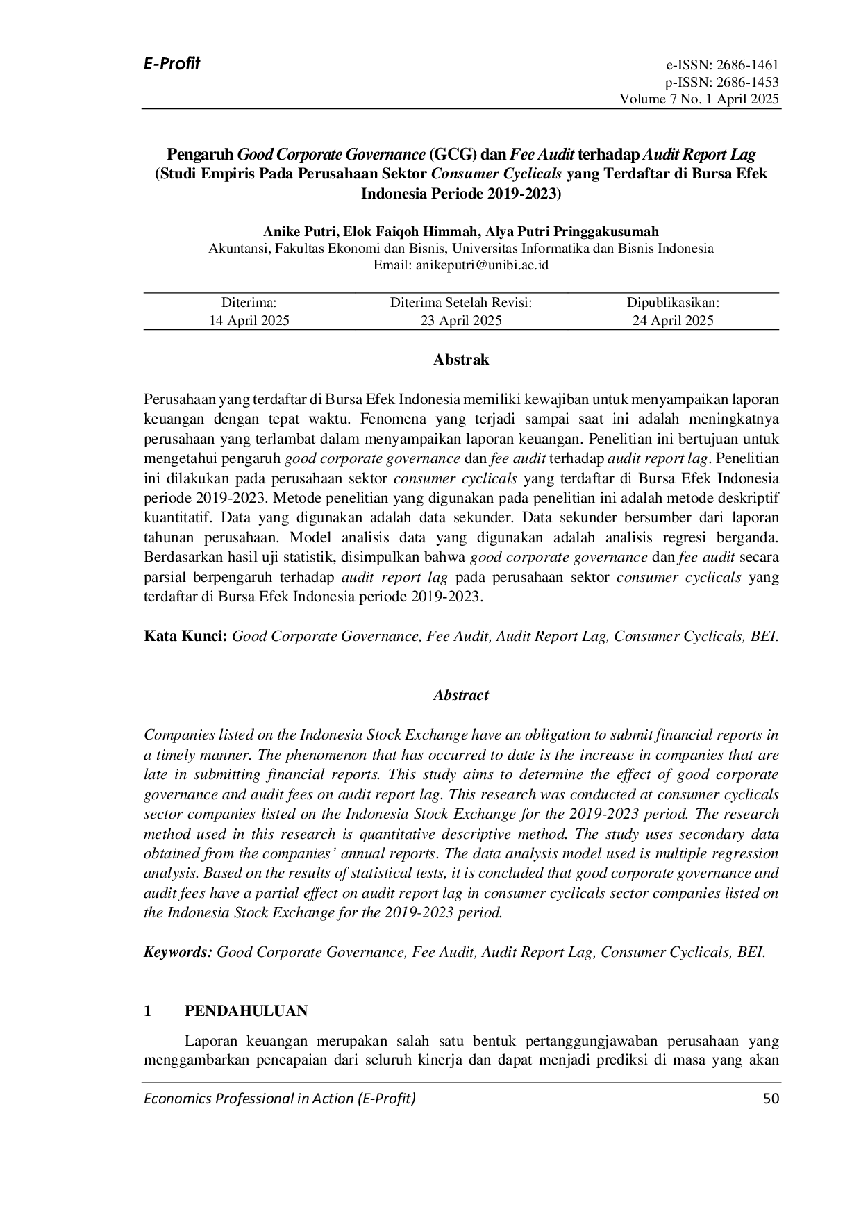 JURIS Pengaruh Good Corporate Governance GCG dan Fee Audit terhadap Audit Report Lag