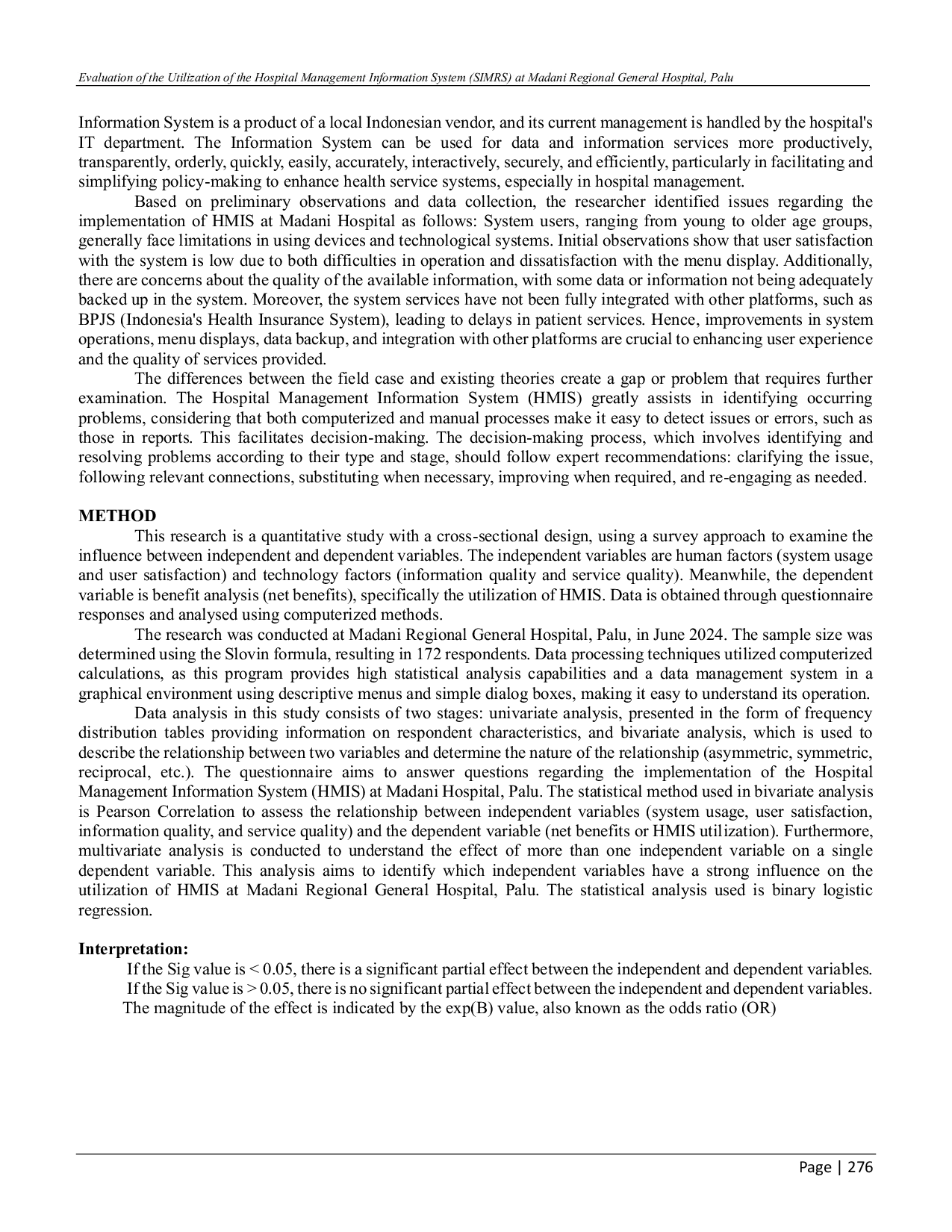 JURIS Evaluasi Penggunaan Sistem Informasi Manajemen Rumah Sakit SIMRS di Rumah Sakit Umum Daerah Madani Palu