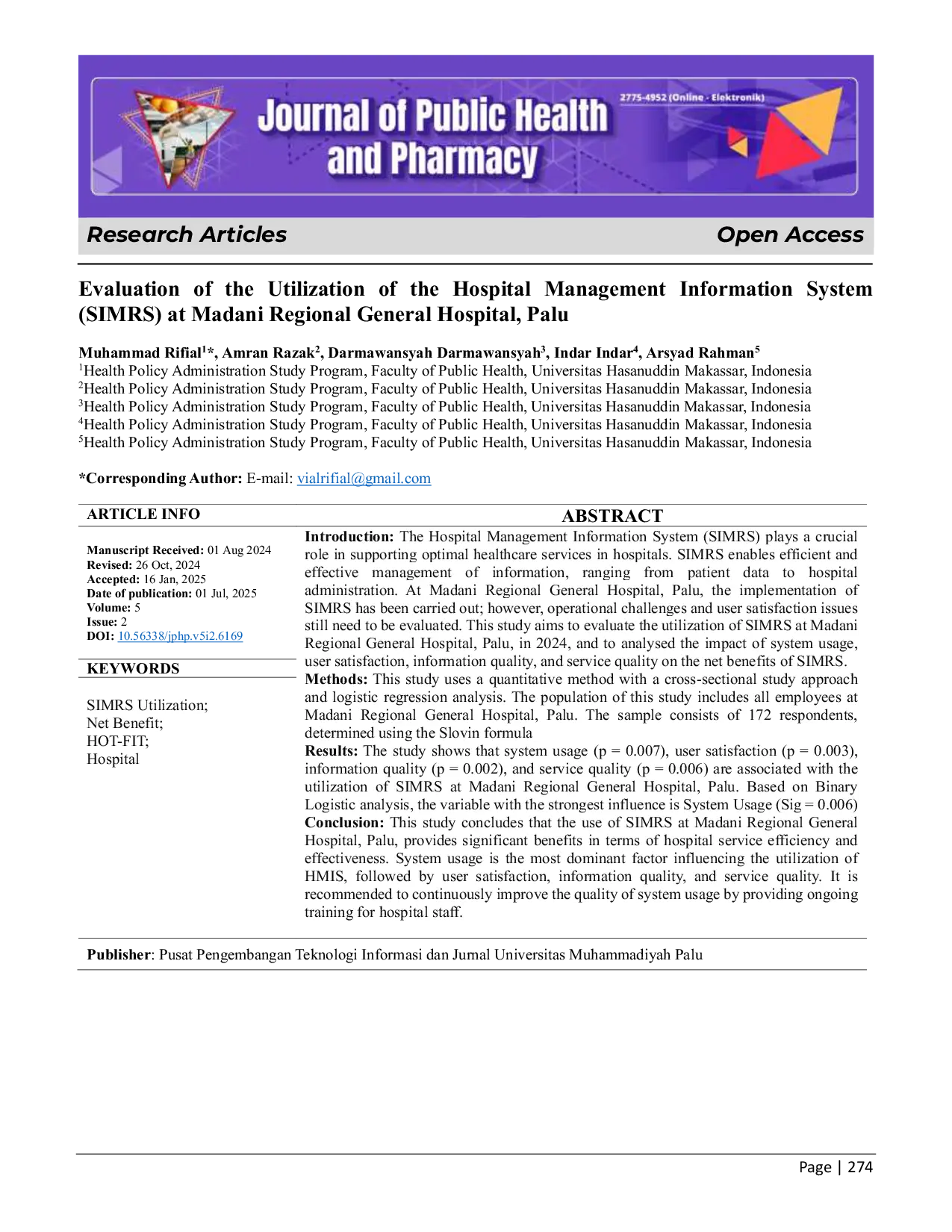 JURIS Evaluasi Penggunaan Sistem Informasi Manajemen Rumah Sakit SIMRS di Rumah Sakit Umum Daerah Madani Palu