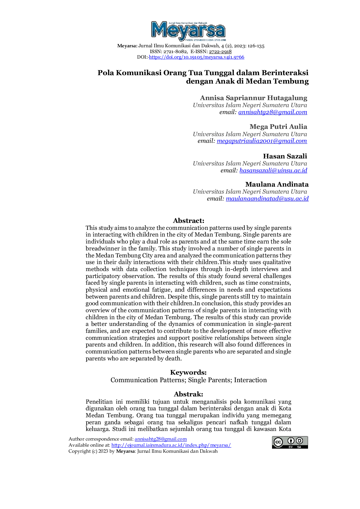 JURIS Pola Komunikasi Orang Tua Tunggal dalam Berinteraksi dengan Anak di Medan Tembung