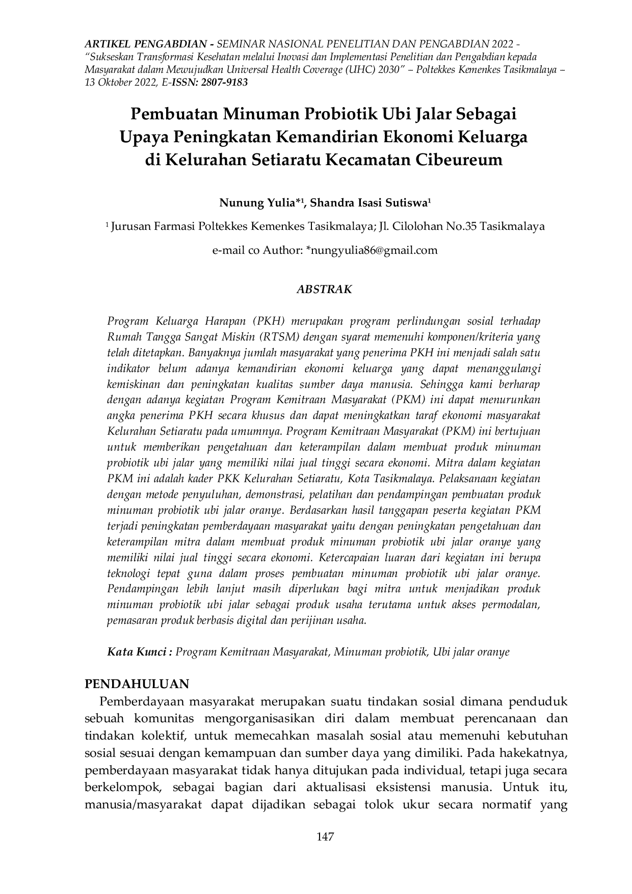 JURIS Pembuatan Minuman Probiotik Ubi Jalar Sebagai Upaya Peningkatan Kemandirian Ekonomi Keluarga di Kelurahan Setiaratu Kecamatan Cibeureum