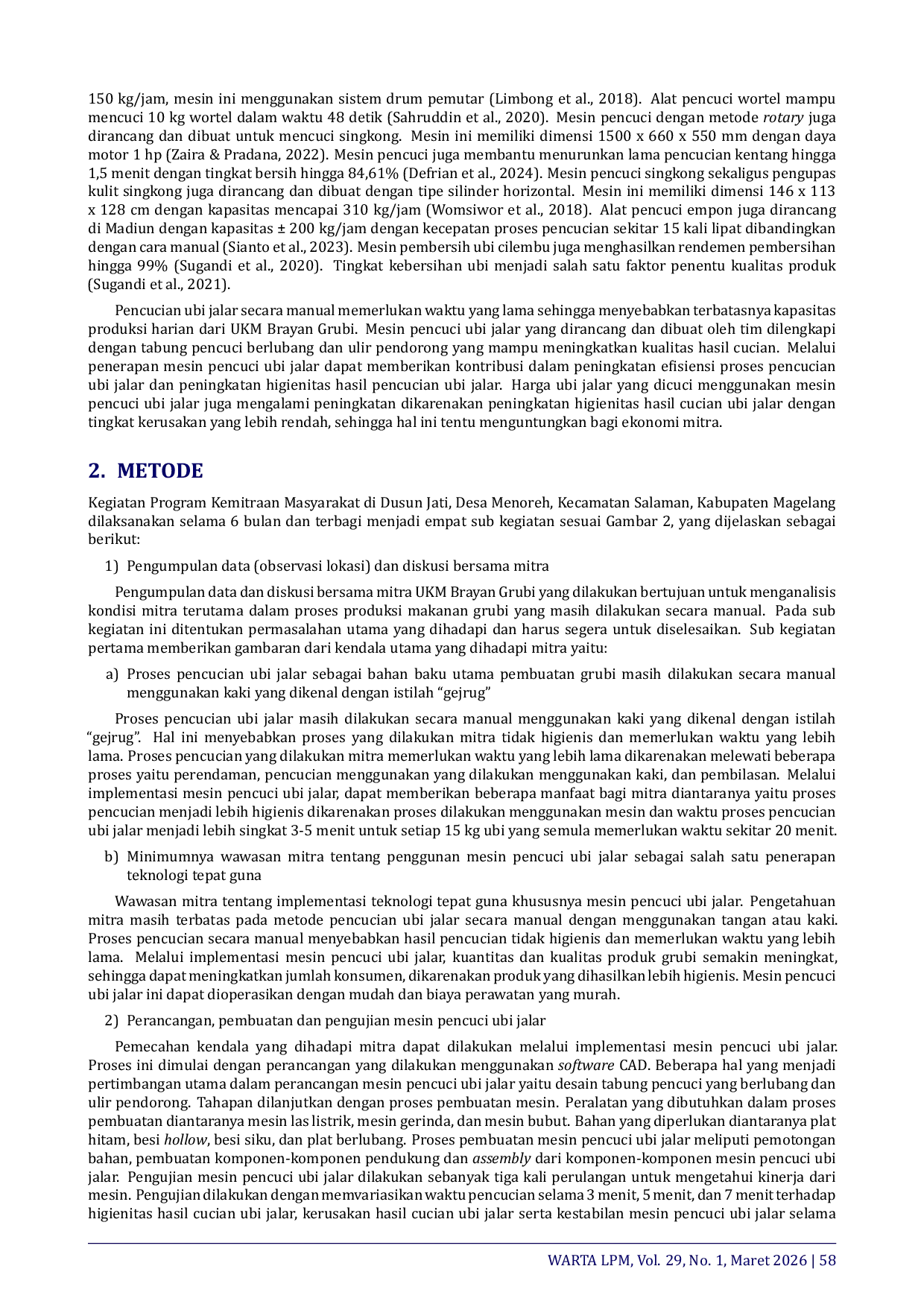 JURIS Implementation of a Sweet Potato Washing Machine for Brayan Grubi SMEs in Salaman District Magelang Regency