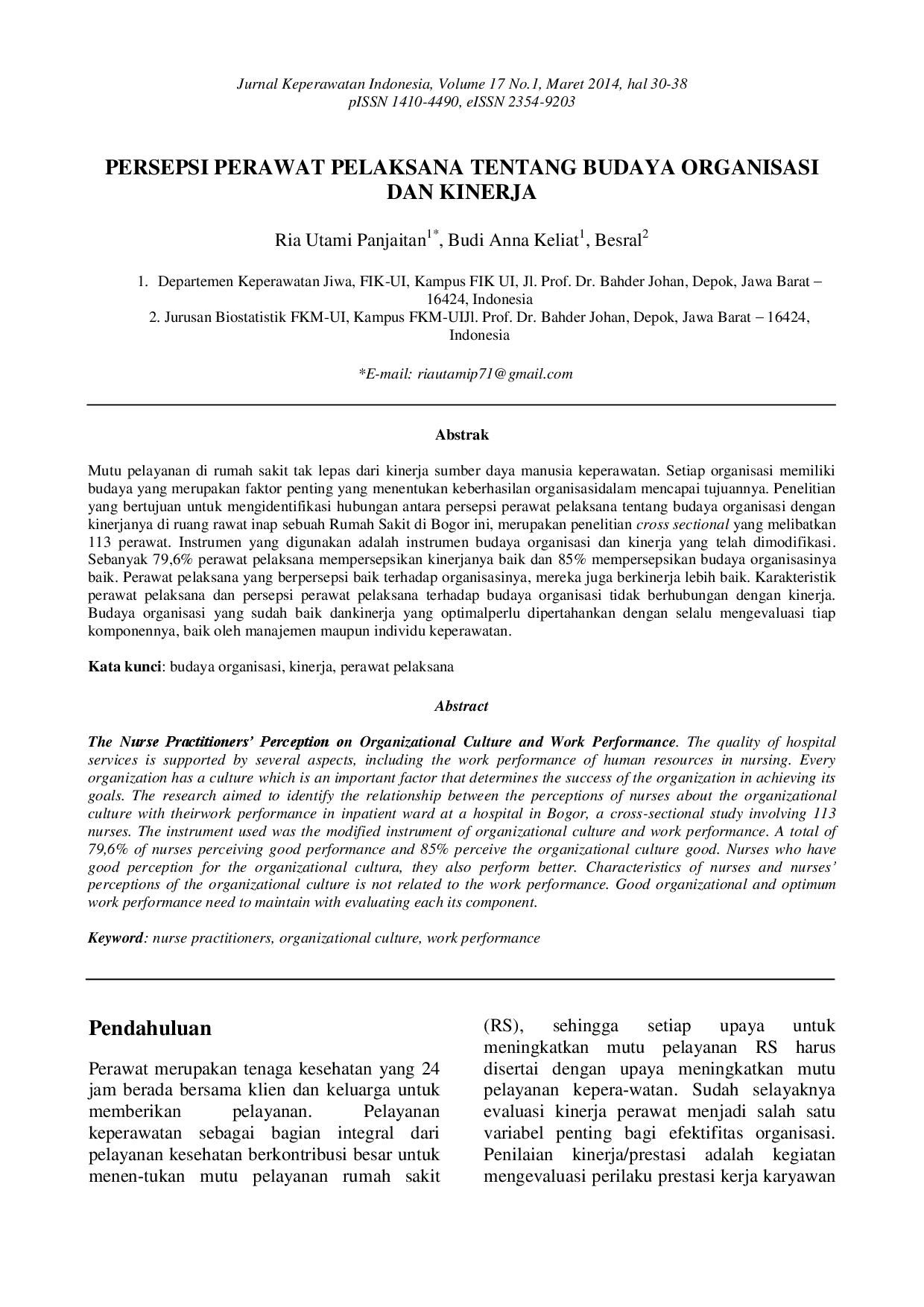 juris Persepsi Perawat Pelaksana Tentang Budaya Organisasi Dan Kinerja