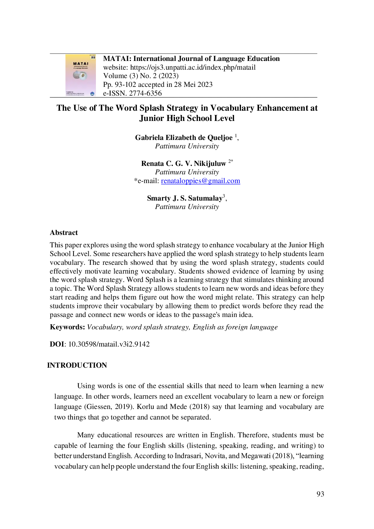 JURIS The Use of The Word Splash Strategy in Vocabulary Enhancement at Junior High School Level