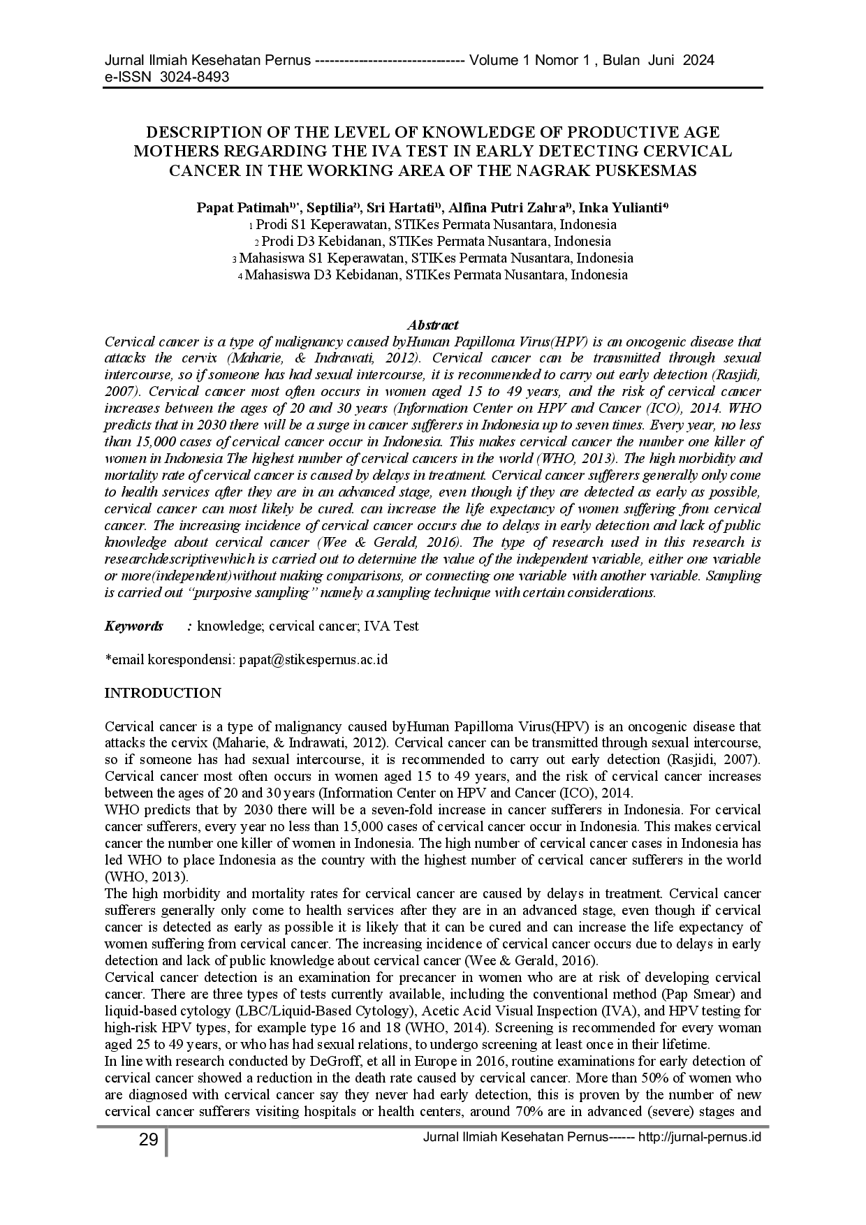 juris Description of the Level of Knowledge of Productive Age Mothers Regarding the IVA Test in Early Detecting Cervical Cancer in the Working Area of the Nagrak Puskesmas