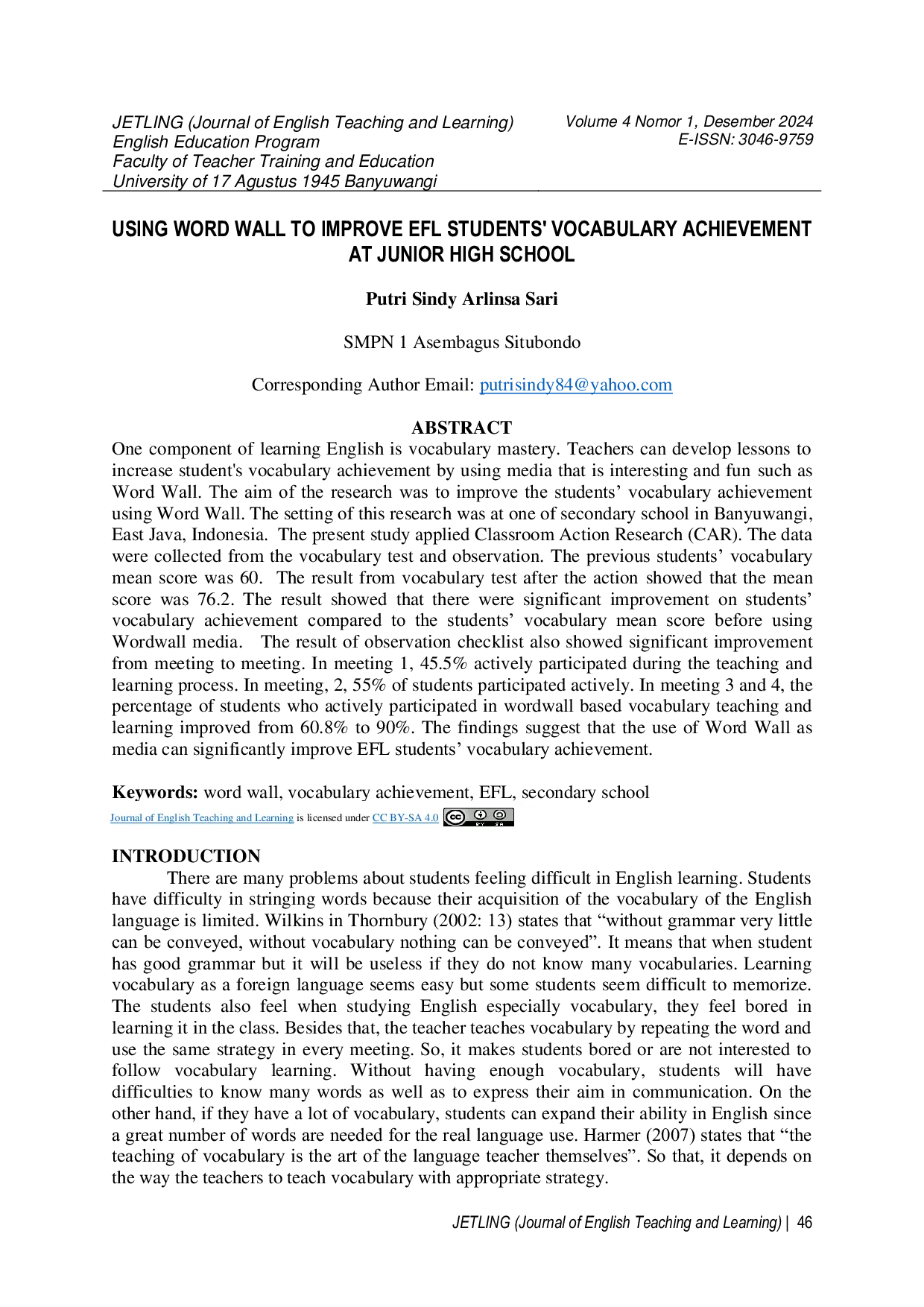 JURIS Using Word Wall to Improve EFL Students Vocabulary Achievement at Junior High School