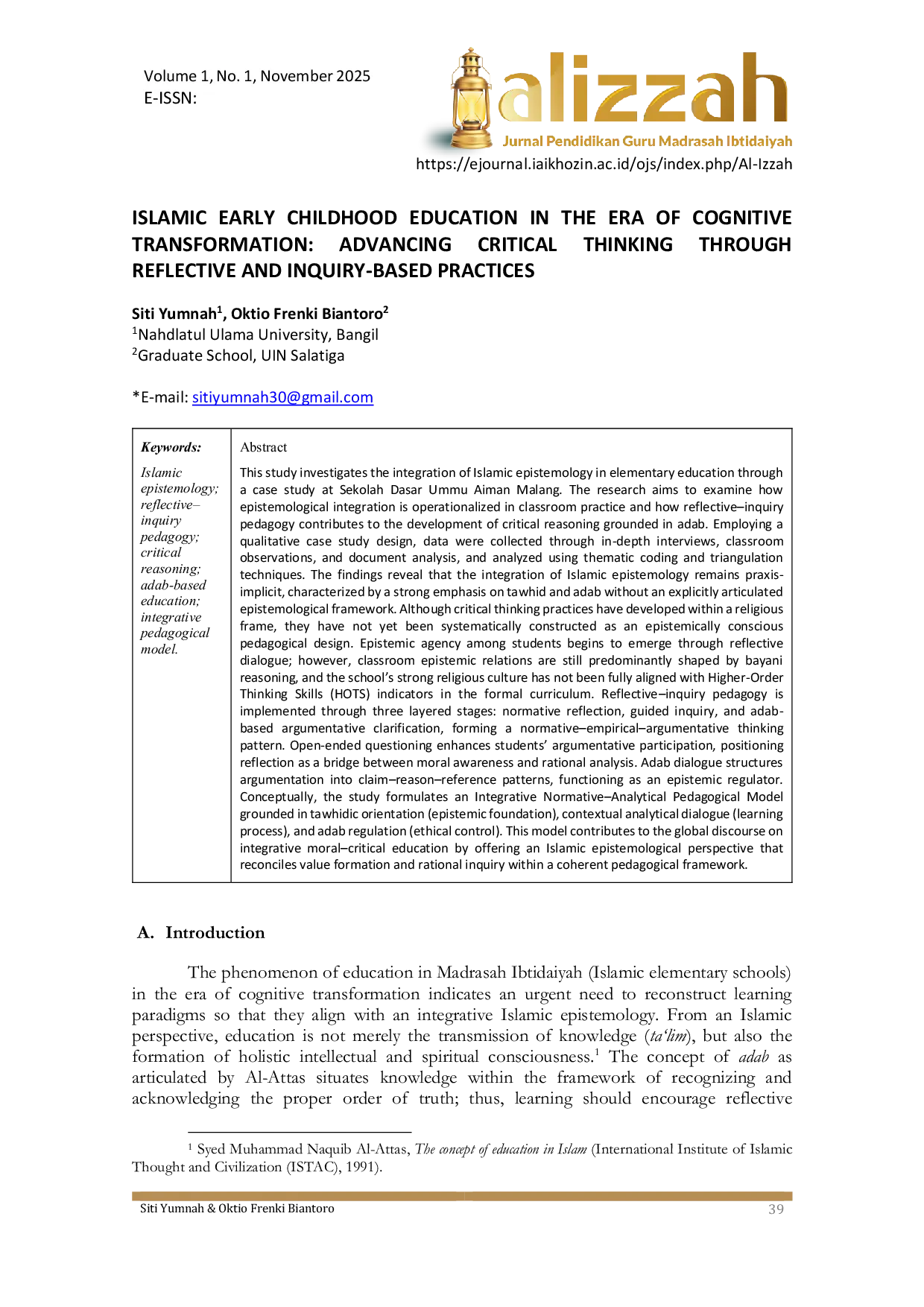 JURIS Islamic Early Childhood Education In The Era Of Cognitive Transformation Advancing Critical Thinking Through Reflective And Inquiry Based Practices