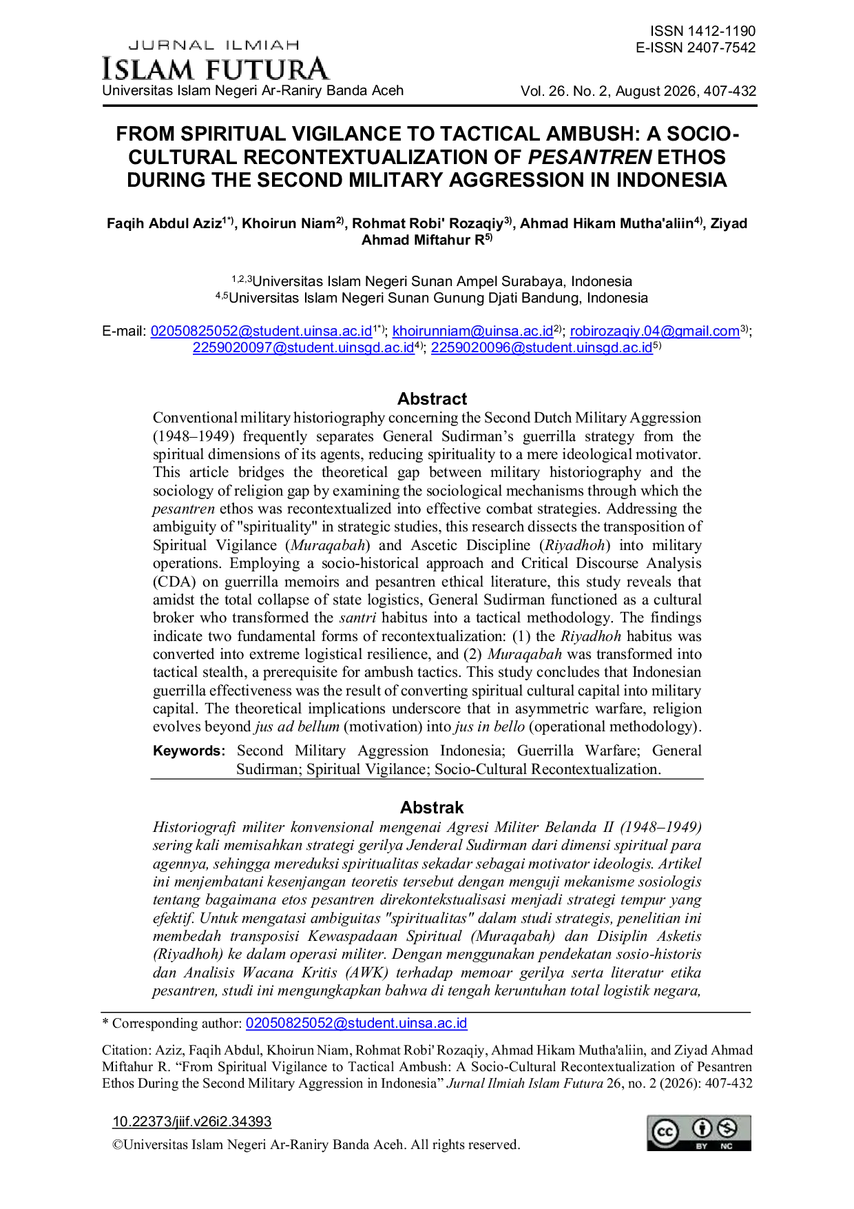 JURIS From Spiritual Vigilance to Tactical Ambush A Socio Cultural Recontextualization of Pesantren Ethos During the Second Military Aggression in Indonesia