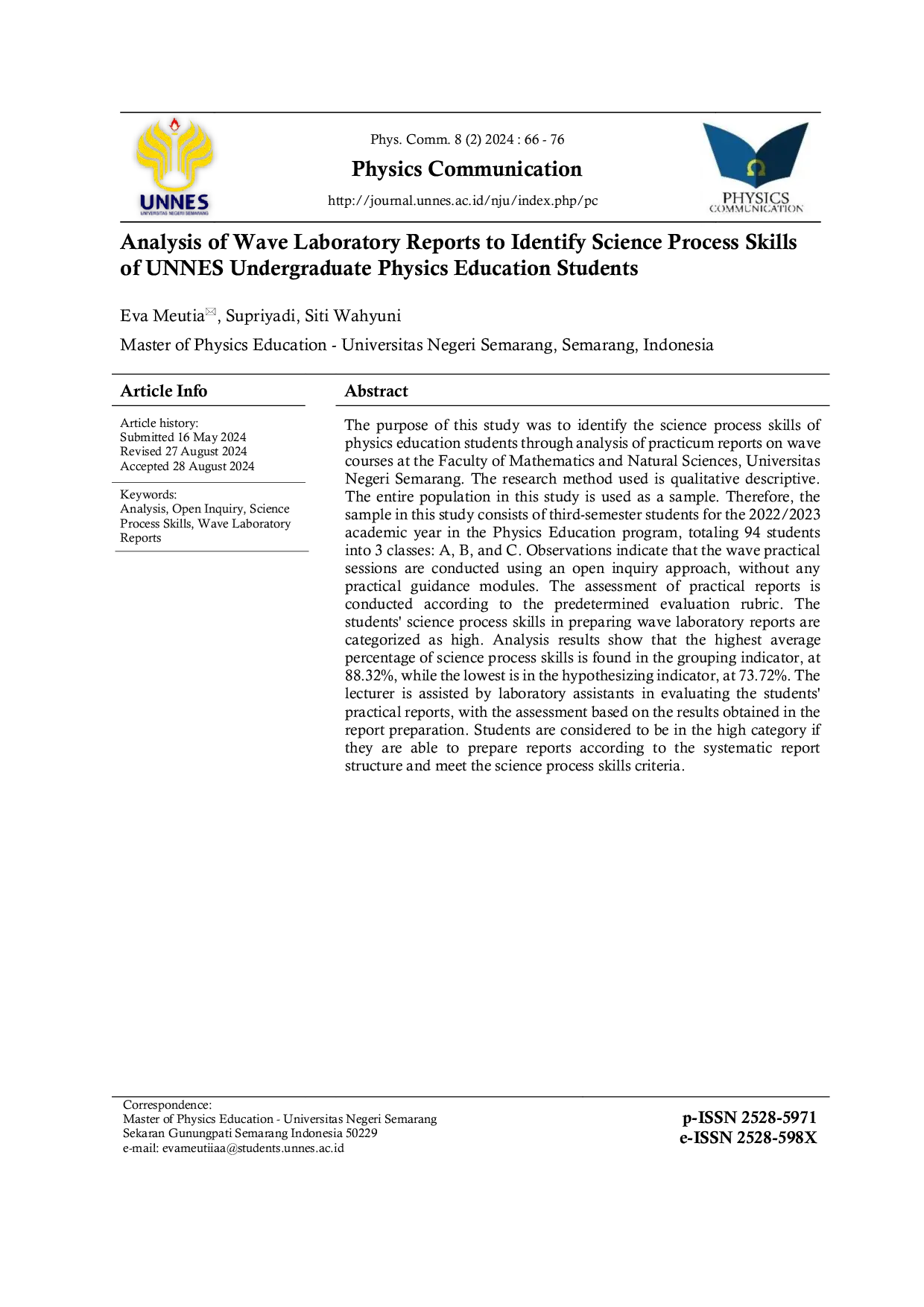 JURIS Analysis of Wave Laboratory Reports to Identify Science Process Skills of UNNES Undergraduate Physics Education Students