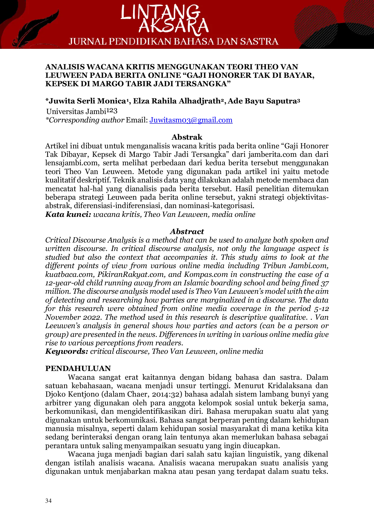 JURIS Analisis Wacana Kritis Menggunakan Teori Theo Van Leuween Pada Berita Online Gaji Honorer Tak Di Bayar Kepsek Di Margo Tabir Jadi Tersangka