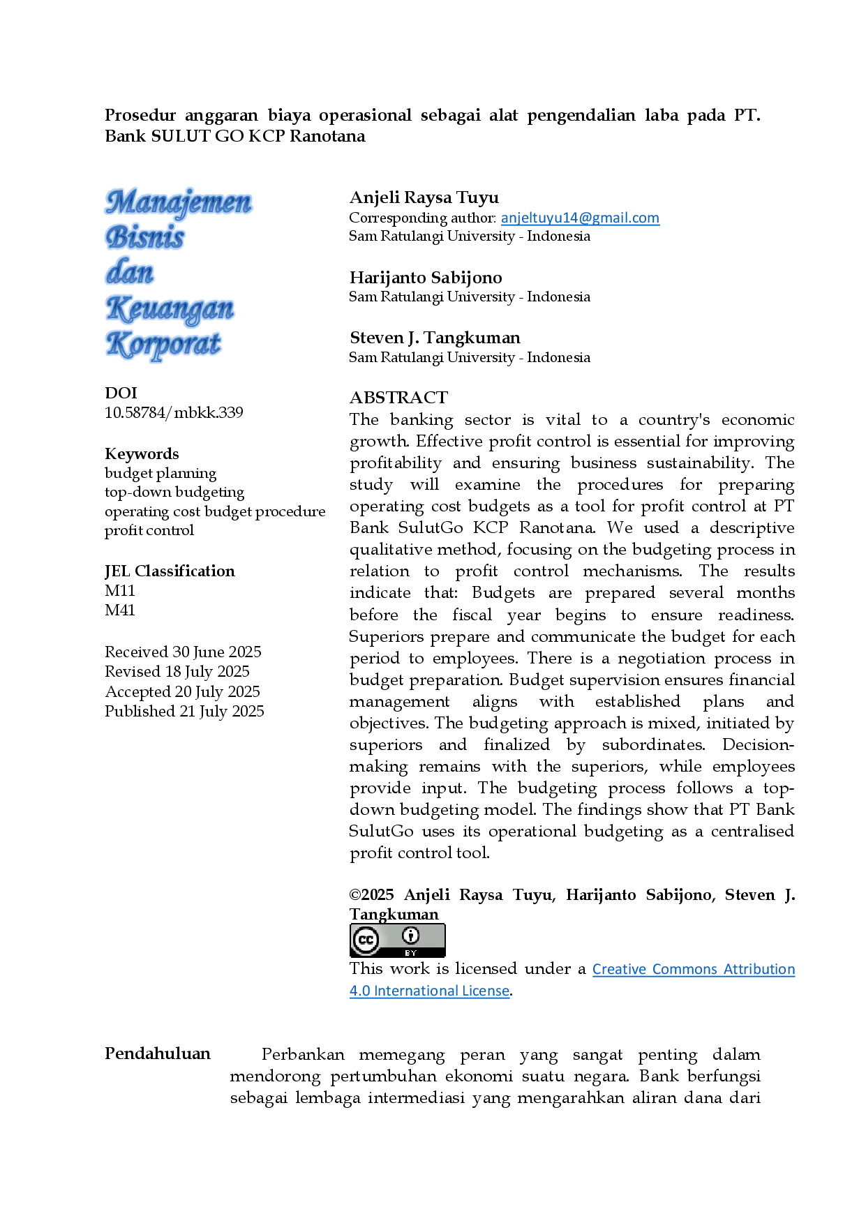 JURIS Prosedur Anggaran Biaya Operasional Sebagai Alat Pengendalian Laba pada PT Bank SulutGo KCP Ranotana