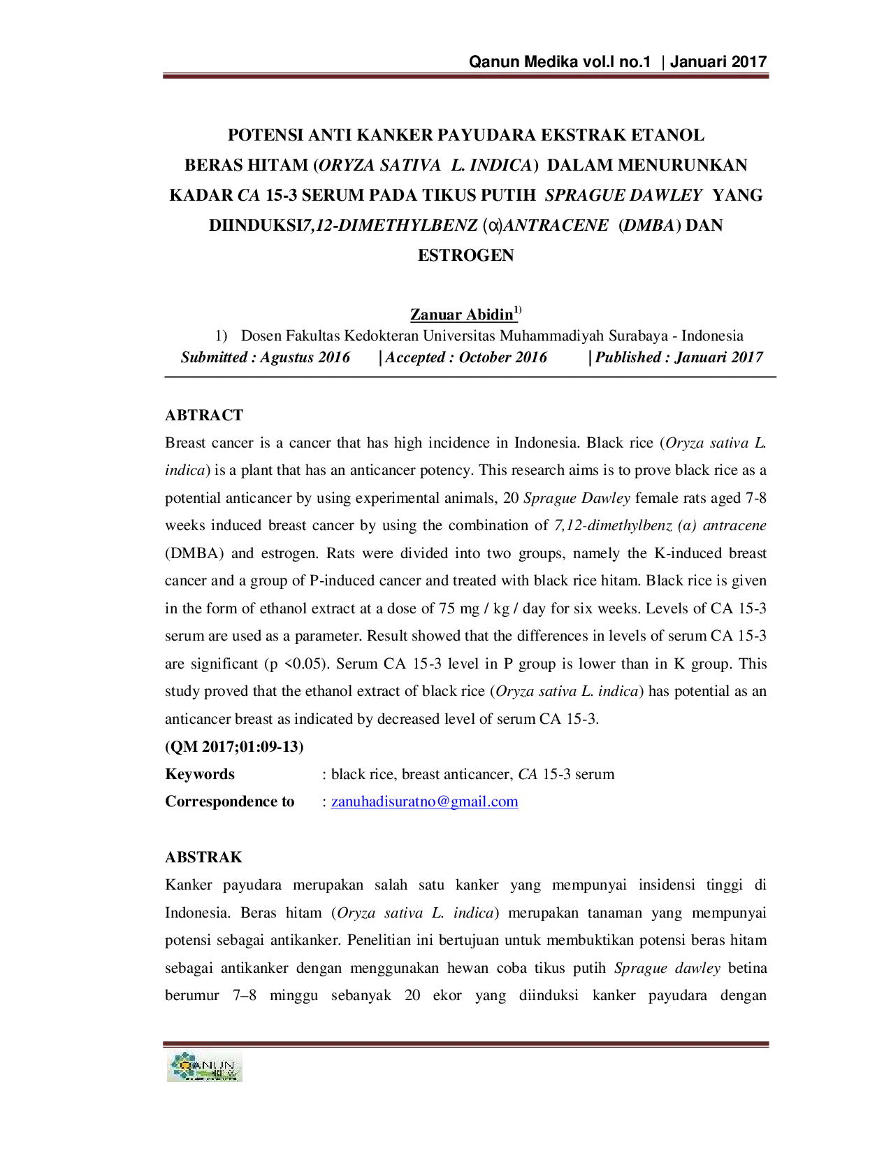 JURIS Potensi Anti Kanker Payudara Ekstrak Etanol Beras Hitam Oryza Sativa L Indica Dalam Menurunkan Kadar CA 15 3 Serum Pada Tikus Putih Sprague Dawley Yang Diinduksi 7 12 Dimethylbenz Antracene DM