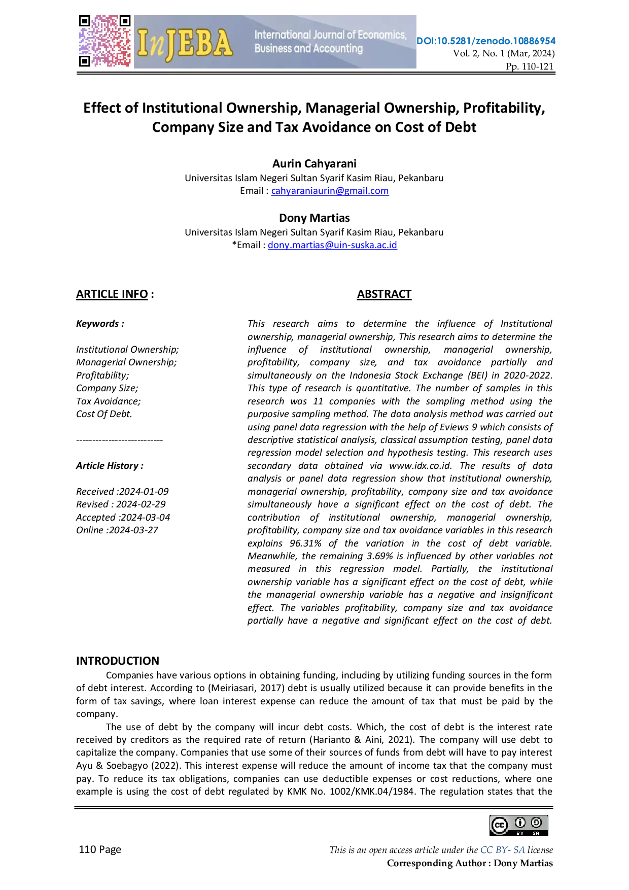 JURIS Effect of Institutional Ownership Managerial Ownership Profitability Company Size and Tax Avoidance on Cost of Debt