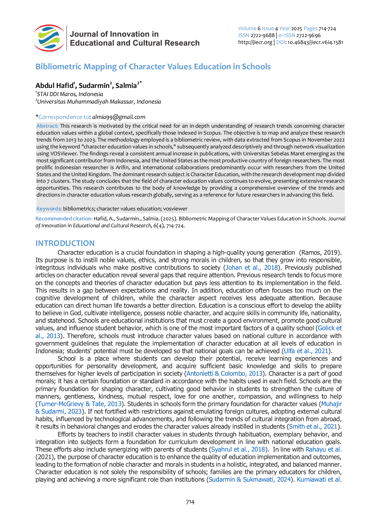 JURIS Bibliometric Mapping of Character Values Education in Schools