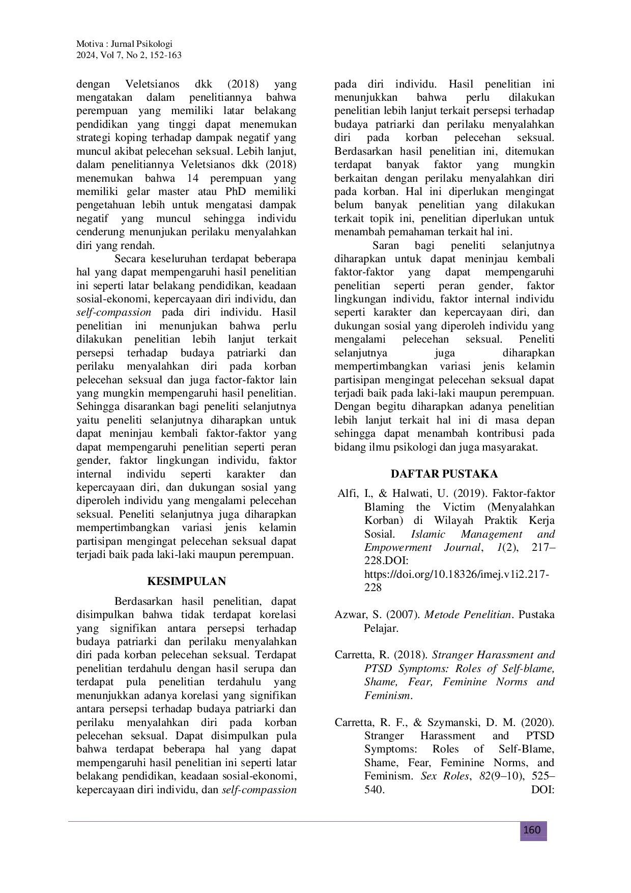 JURIS Perilaku Menyalahkan Diri dan Persepsi Budaya Patriarki Pada Perempuan Korban Pelecehan Seksual