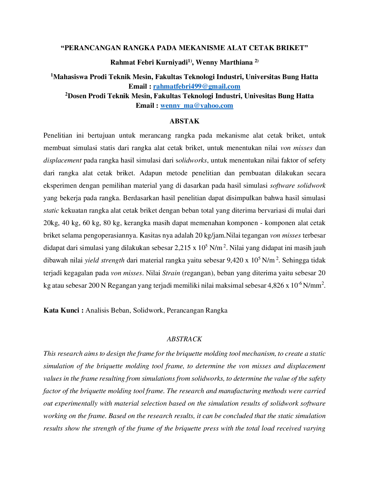 JURIS Perancangan Rangka Pada Mekanisme Alat Cetak Briket