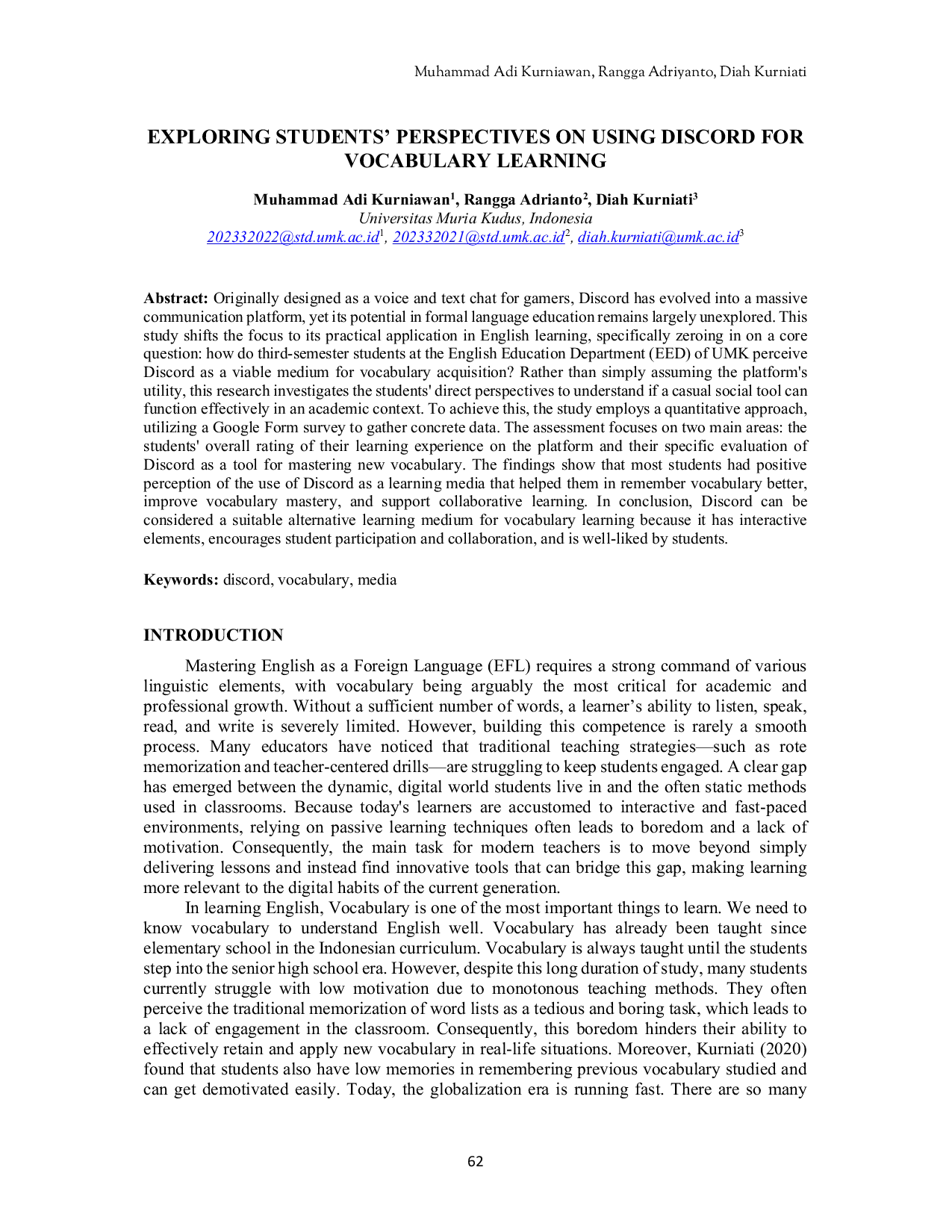 JURIS Exploring Students Perspective on Using Discord for Vocabulary Learning