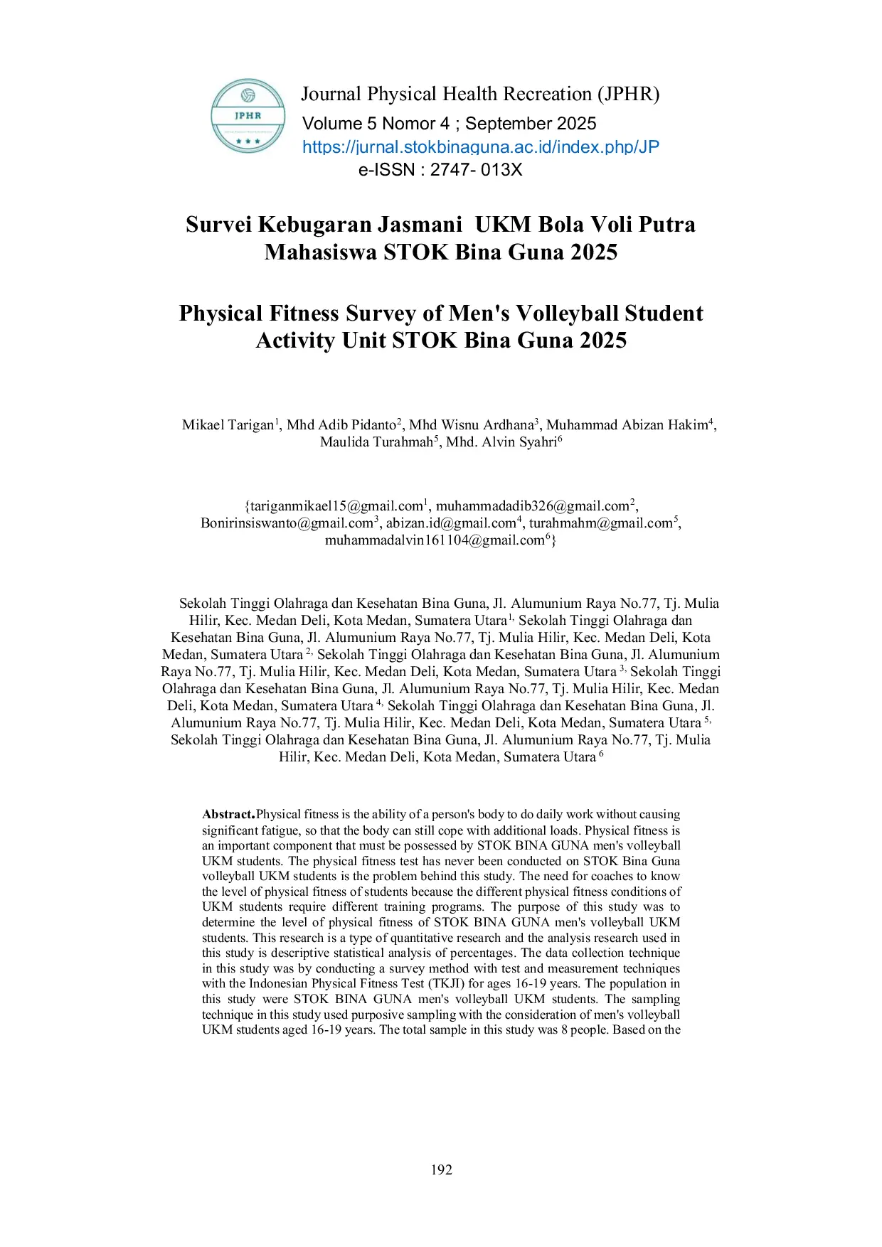 JURIS Physical Fitness Survey of Men s Volleyball Student Activity Unit STOK Bina Guna 2025