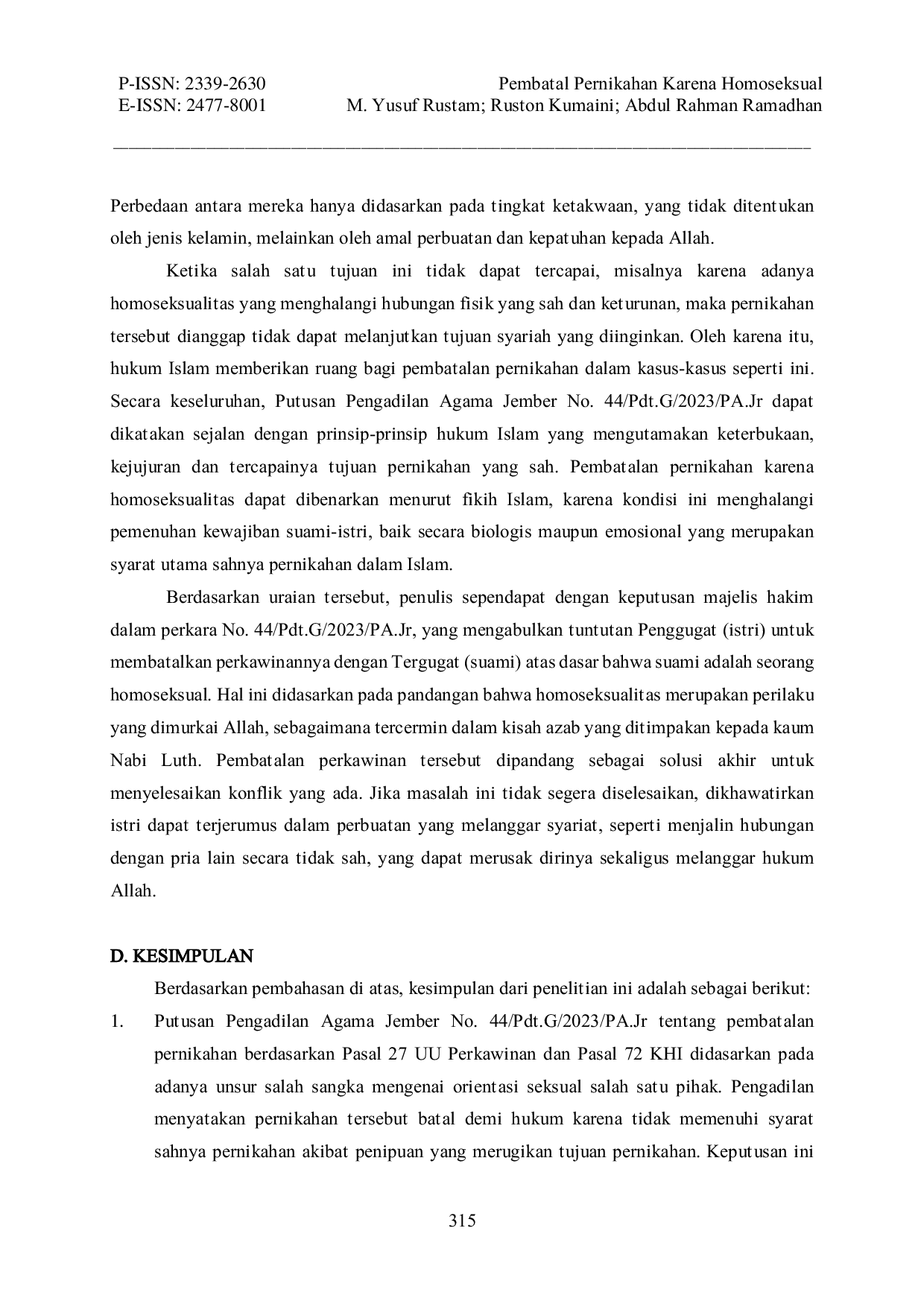 JURIS PEMBATALAN PERNIKAHAN KARENA HOMOSEKSUAL Studi Analisis Putusan Pengadilan Agama Jember No 44 Pdt G 2023 PA Jr
