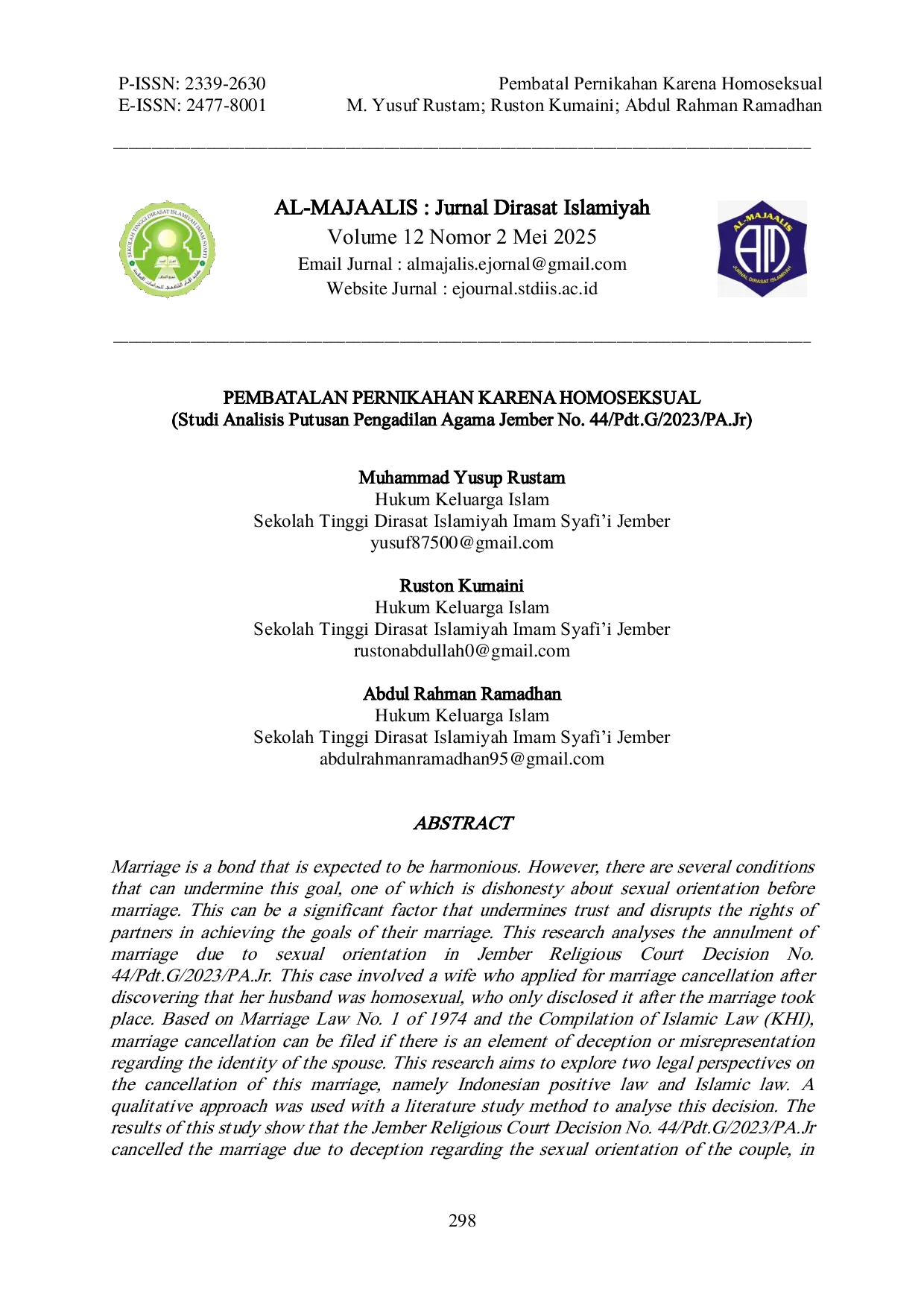 JURIS PEMBATALAN PERNIKAHAN KARENA HOMOSEKSUAL Studi Analisis Putusan Pengadilan Agama Jember No 44 Pdt G 2023 PA Jr