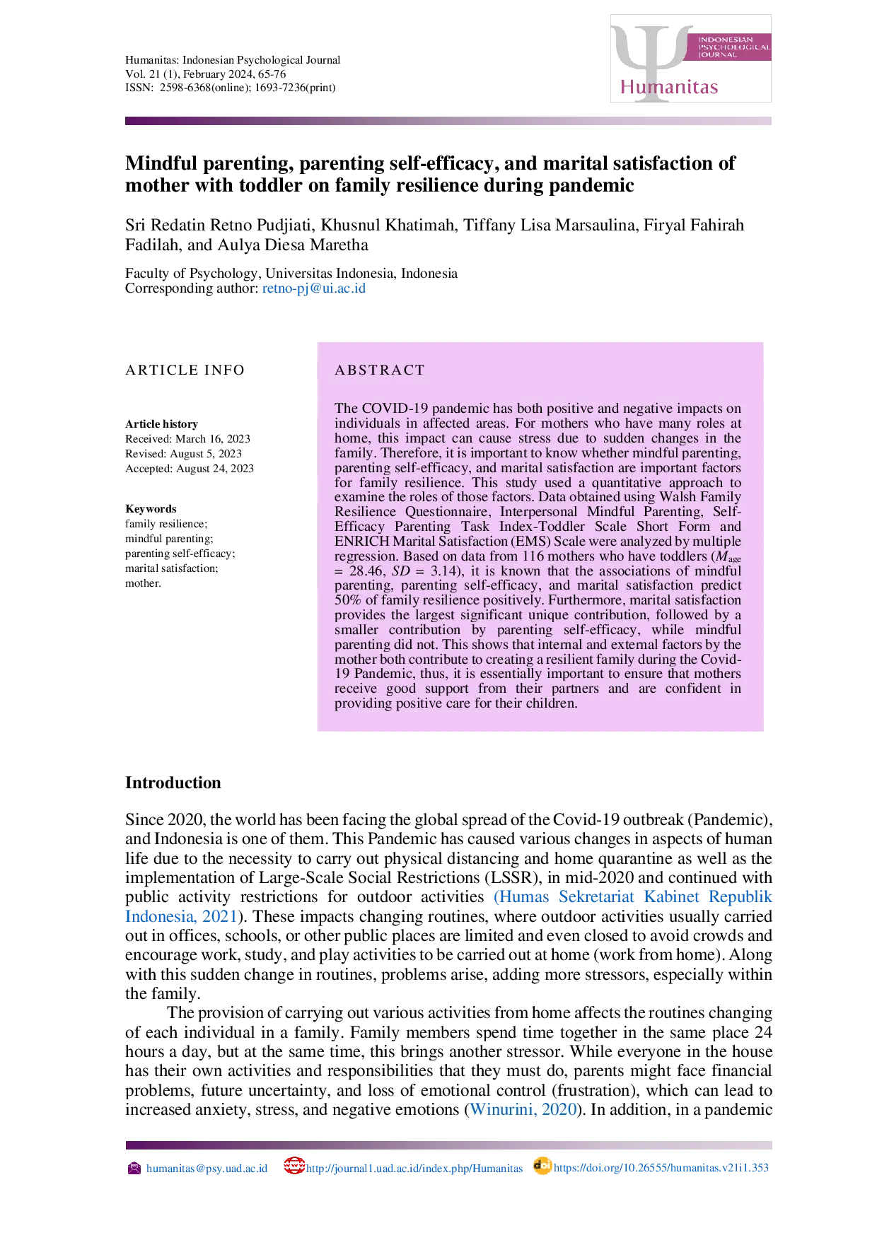 JURIS Mindful parenting parenting self efficacy and marital satisfaction of mother with toddler on family resilience during pandemic