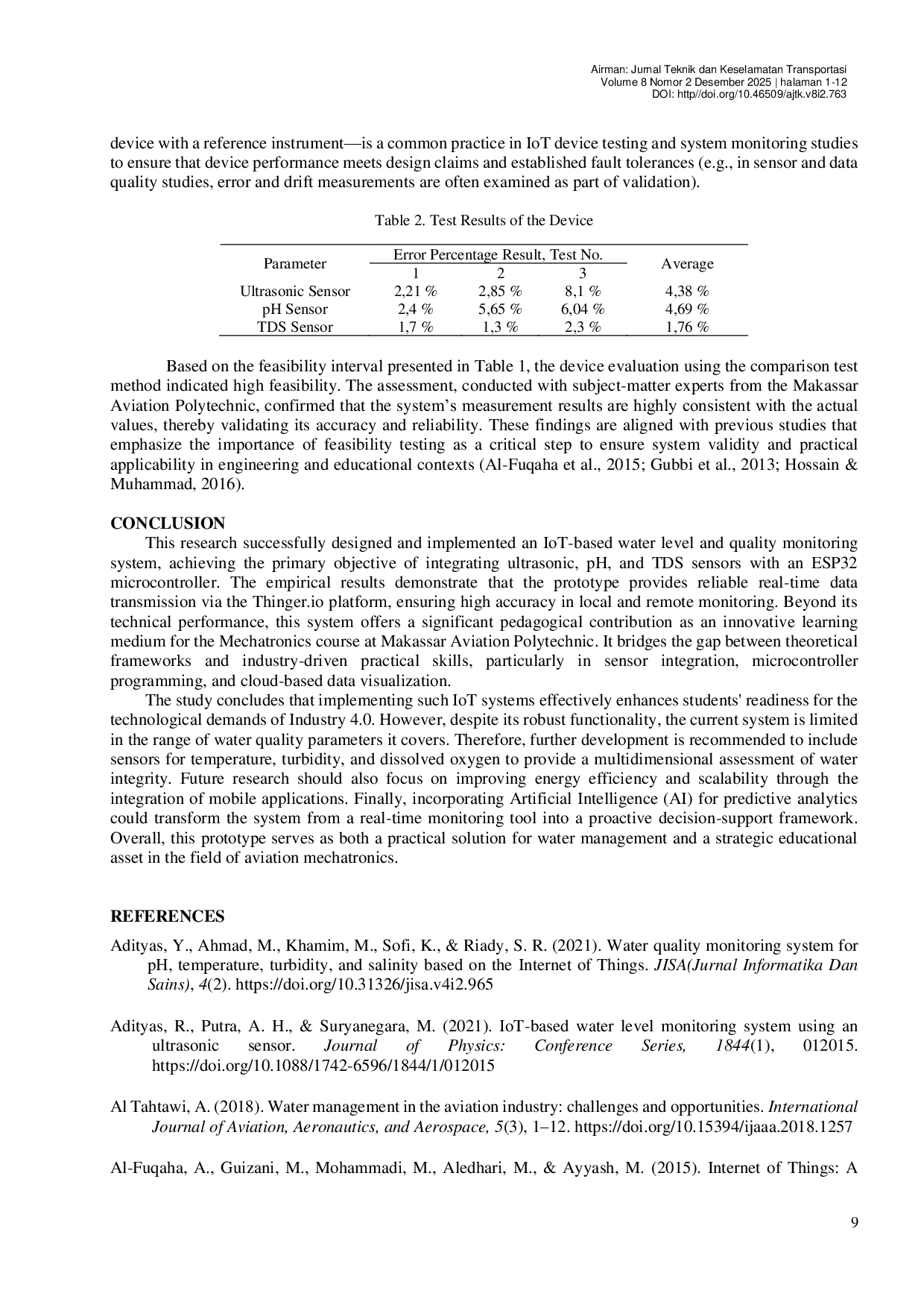 JURIS Design and Development of an IoT based Water Level and Quality Monitoring System as a Mechatronics Learning Tool at Makassar Aviation Polytechnic