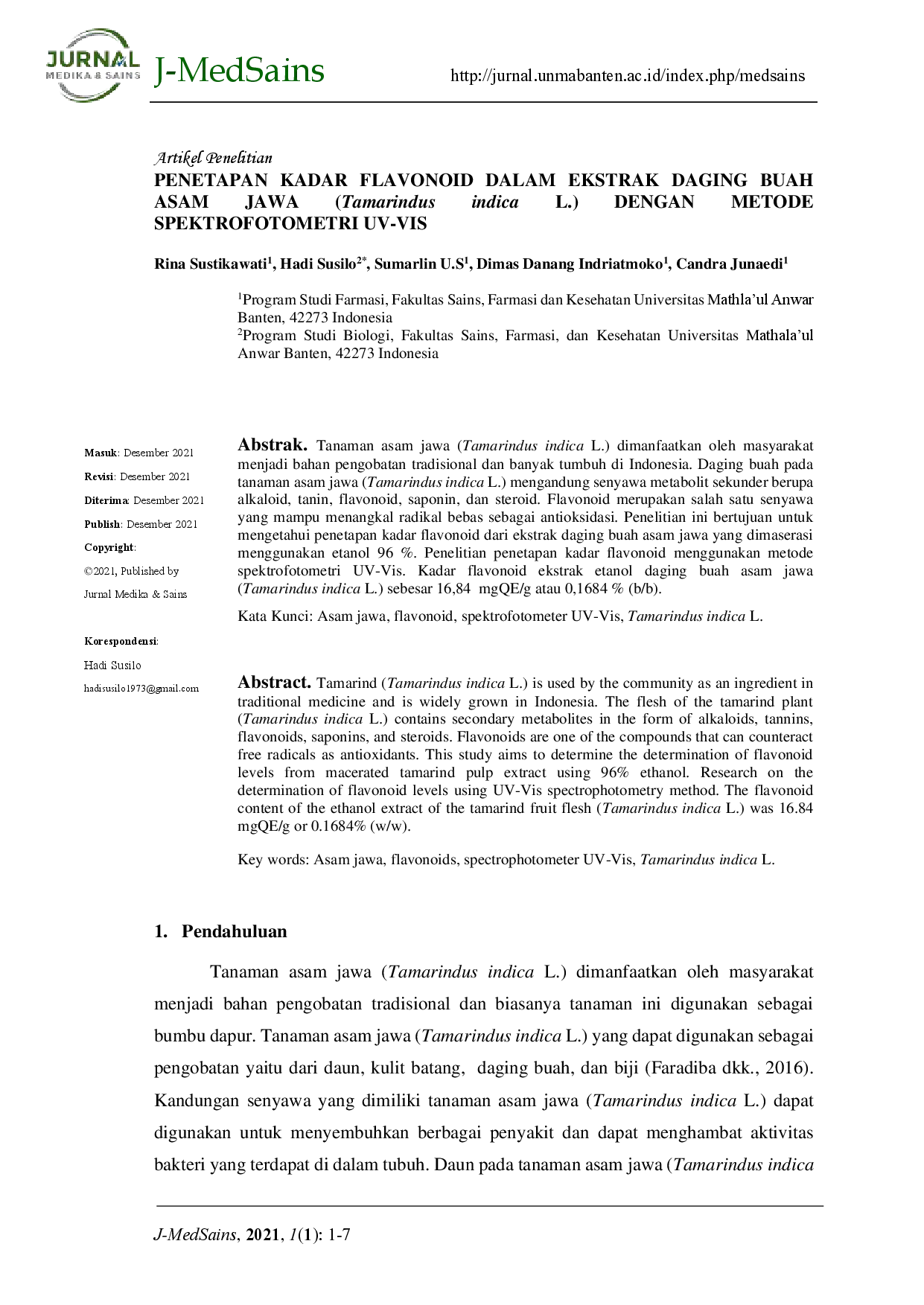 juris Penetapan Kadar Flavonoid dalam Ekstrak Daging Buah dengan Metode Spektrofotometri UV Vis Tamarindus Jawa Indica L