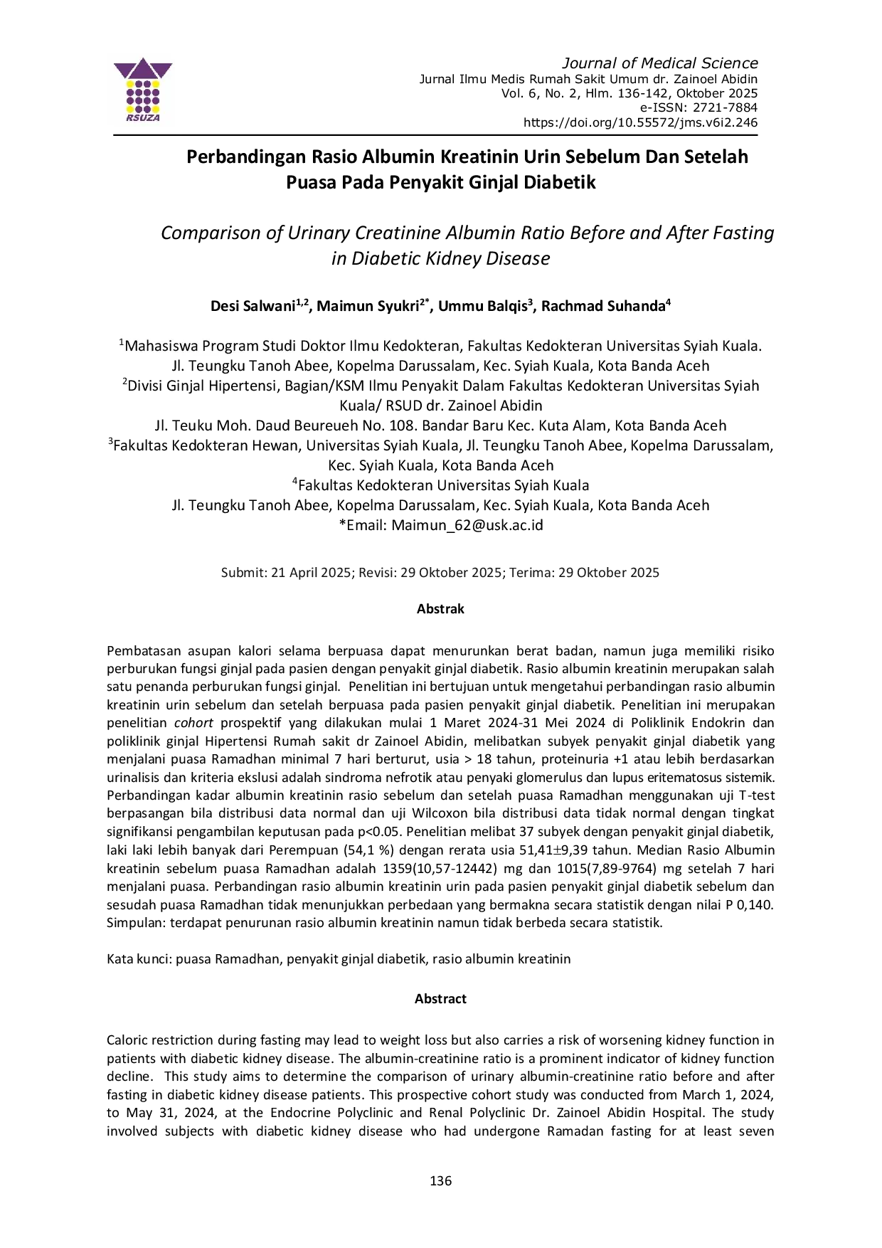 JURIS Perbandingan Rasio Albumin Kreatinin Urin Sebelum Dan Setelah Puasa Pada Penyakit Ginjal Diabetik Comparison of Urinary Creatinine Albumin Ratio Before and After Fasting in Diabetic Kidney Disease