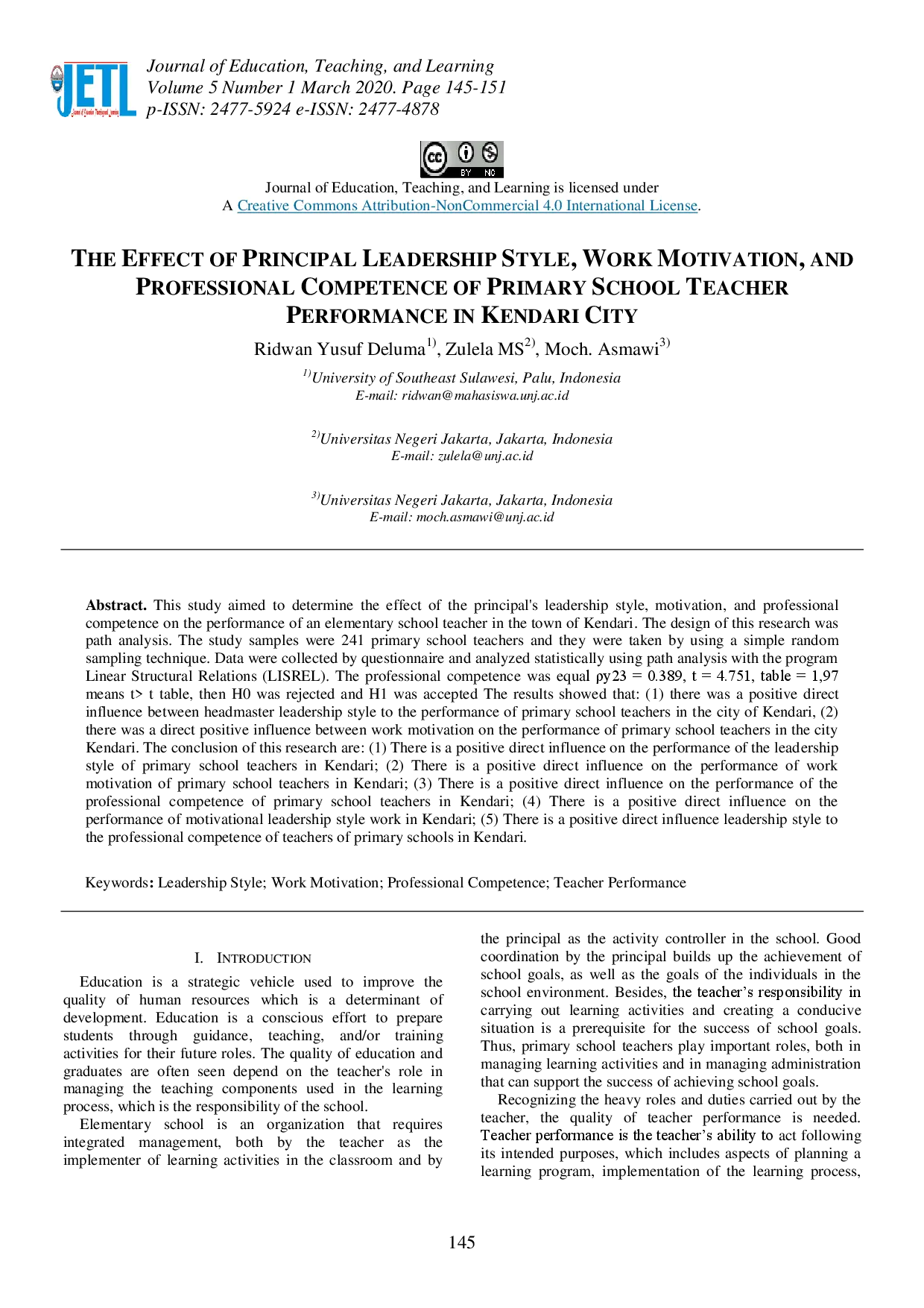 juris The Effect of Principal Leadership Style Work Motivation and Professional Competence of Primary School Teacher Performance in Kendari City