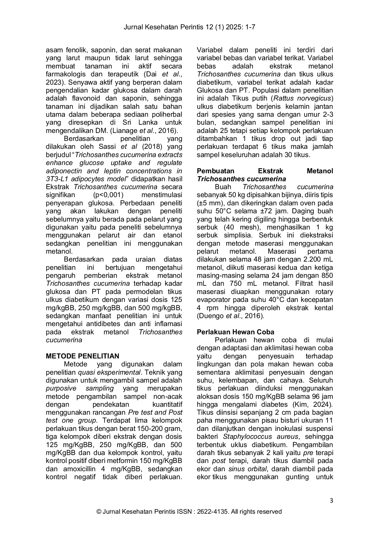 JURIS Pemberian Ekstrak Methanol Trichosanthes cucumerina terhadap Kadar Glukosa dan Prothrombine Time PT pada Tikus Ulkus Diabetikum