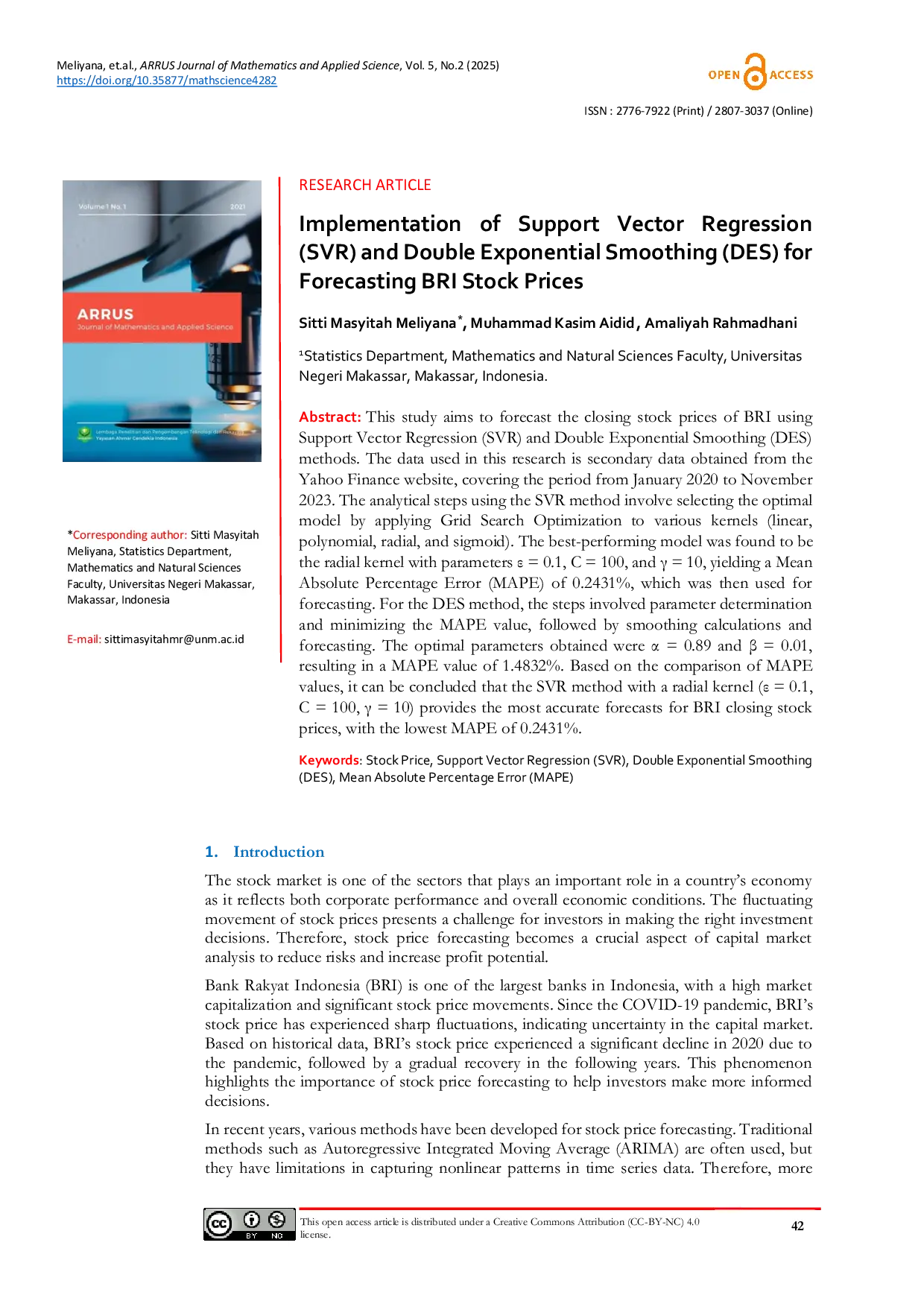 JURIS Implementation of Support Vector Regression SVR and Double Exponential Smoothing DES for Forecasting BRI Stock Prices