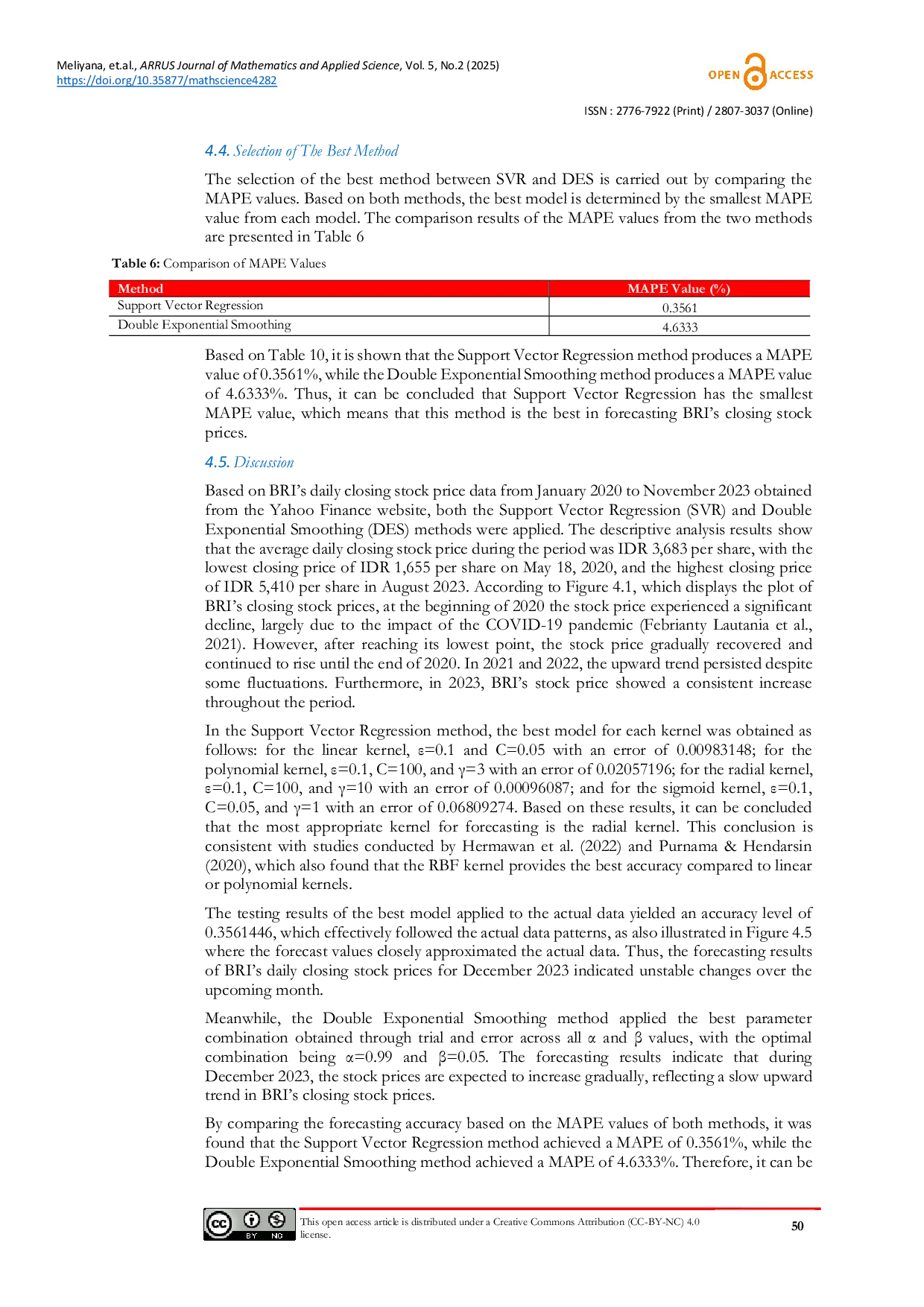 JURIS Implementation of Support Vector Regression SVR and Double Exponential Smoothing DES for Forecasting BRI Stock Prices