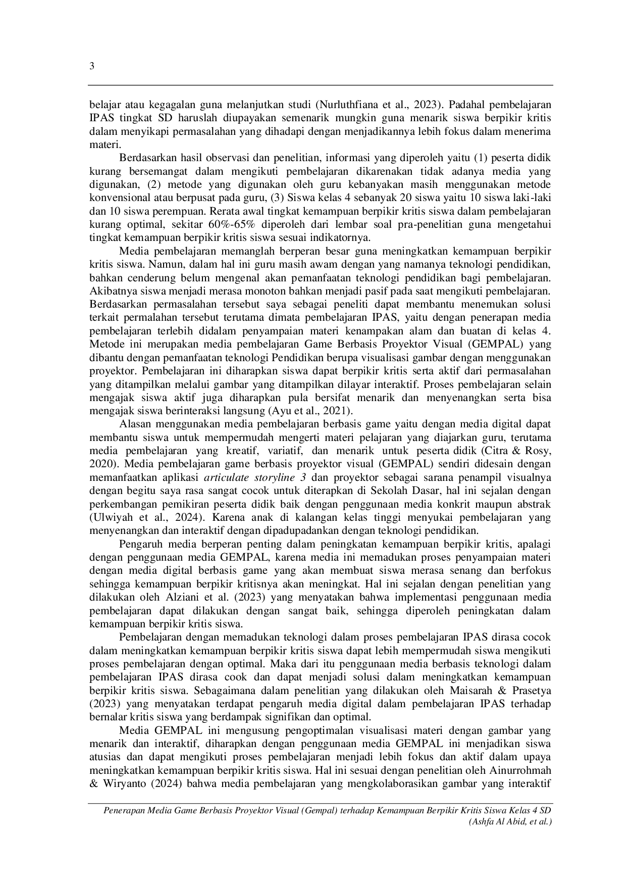 JURIS Penerapan Media Game Berbasis Proyektor Visual GEMPAL Terhadap Kemampuan Berpikir Kritis Siswa Kelas 4 SD